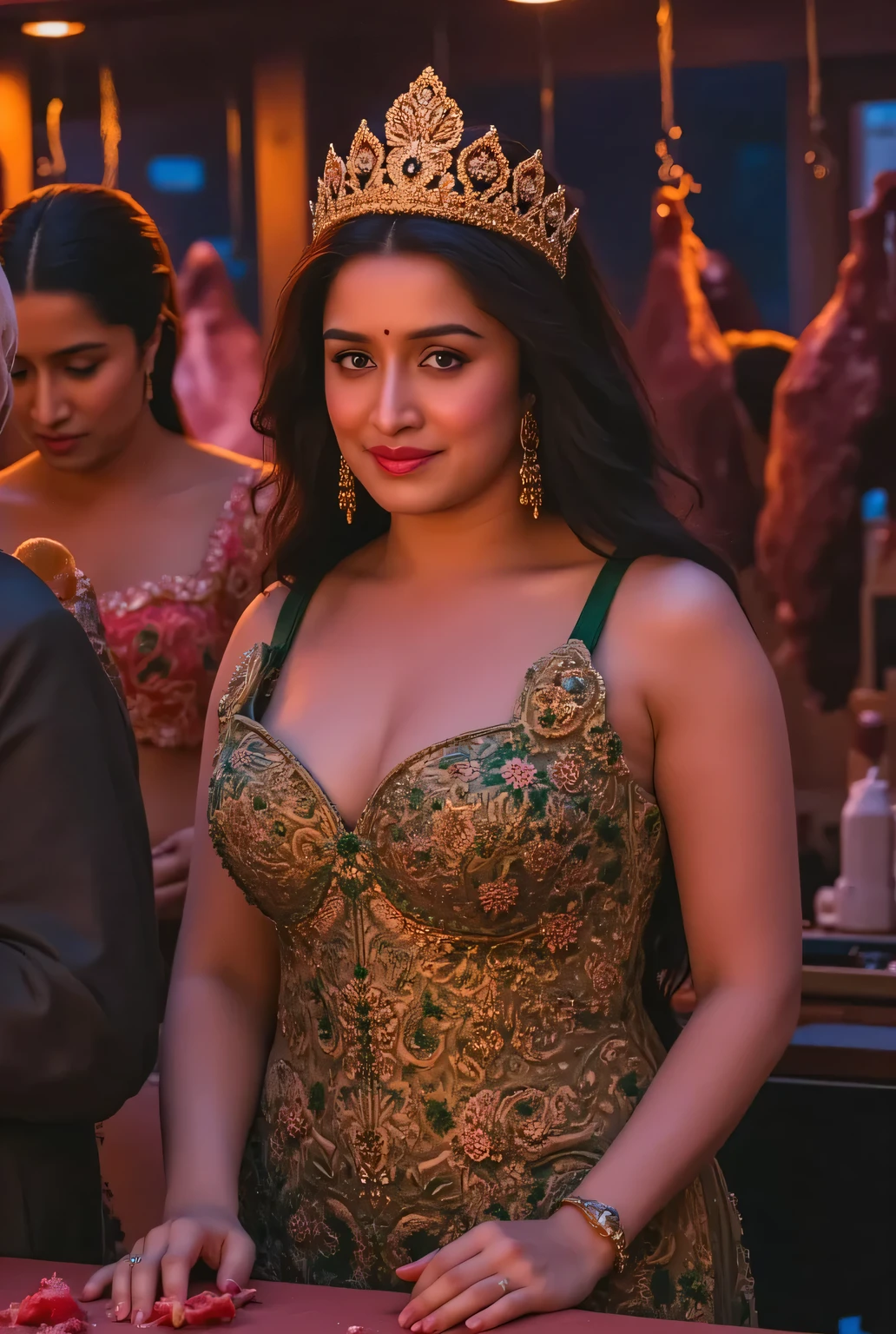 A sexy crowned hindu goddess Saraswati in a sexy dress, holding a veena and standing next to a Muslim guy in a dirty banian and islamic cap in a beef butcher shop, the Muslim guy is cutting beef, detailed digital art, highly detailed, hyper realistic, 8k, photorealistic, cinematic lighting, dramatic colors, intricate details, masterpiece