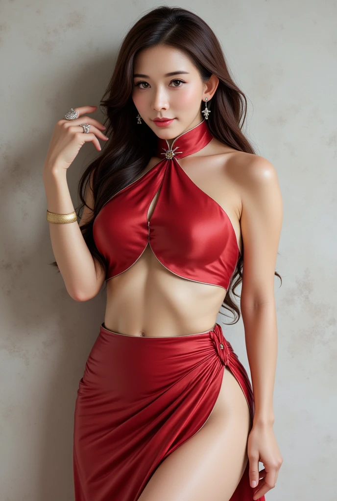 A striking portrait of a young girl with long, raven-black hair framing her face as she gazes directly into the viewer's eyes. She wears a bold, fire-engine red dress that accentuates her curves, adorned with sparkling jewelry - a delicate necklace and dangling earrings. The cowboy-inspired shot features a grey background that grounds the image, while the subject's dark eyes seem to hold a quiet intensity.