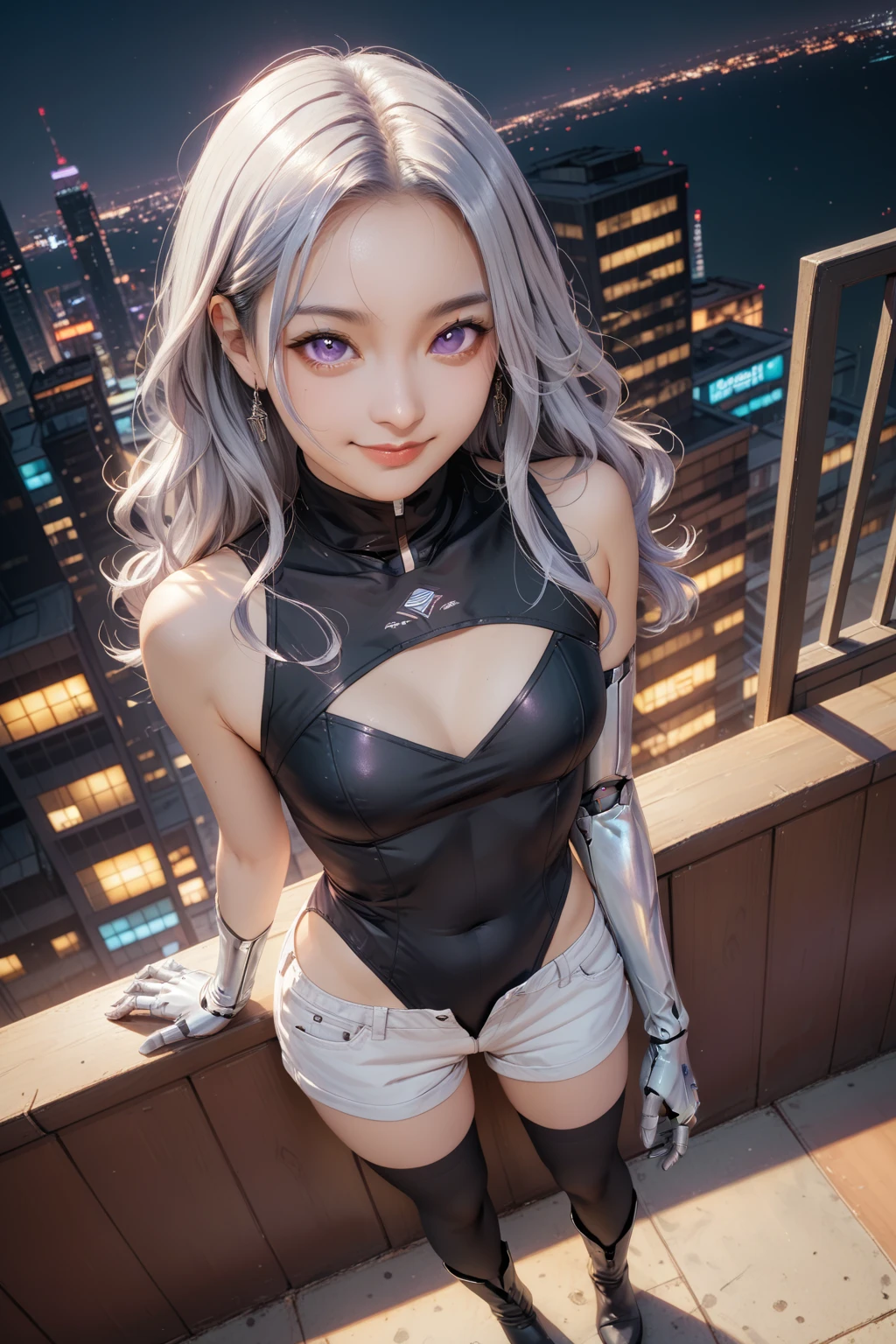 girl sitting in the street at night, shy, beauty spot on chin, side pose, small mole on chin, blushing, hips, neon lights, detailed background, raining, beautiful thighs, fit, sexual pose, long sleeves, style anime girl with purple light in the background, neck choker with necklace, long necklace, evil look, white hair, sexy thighs, detailed digital anime art