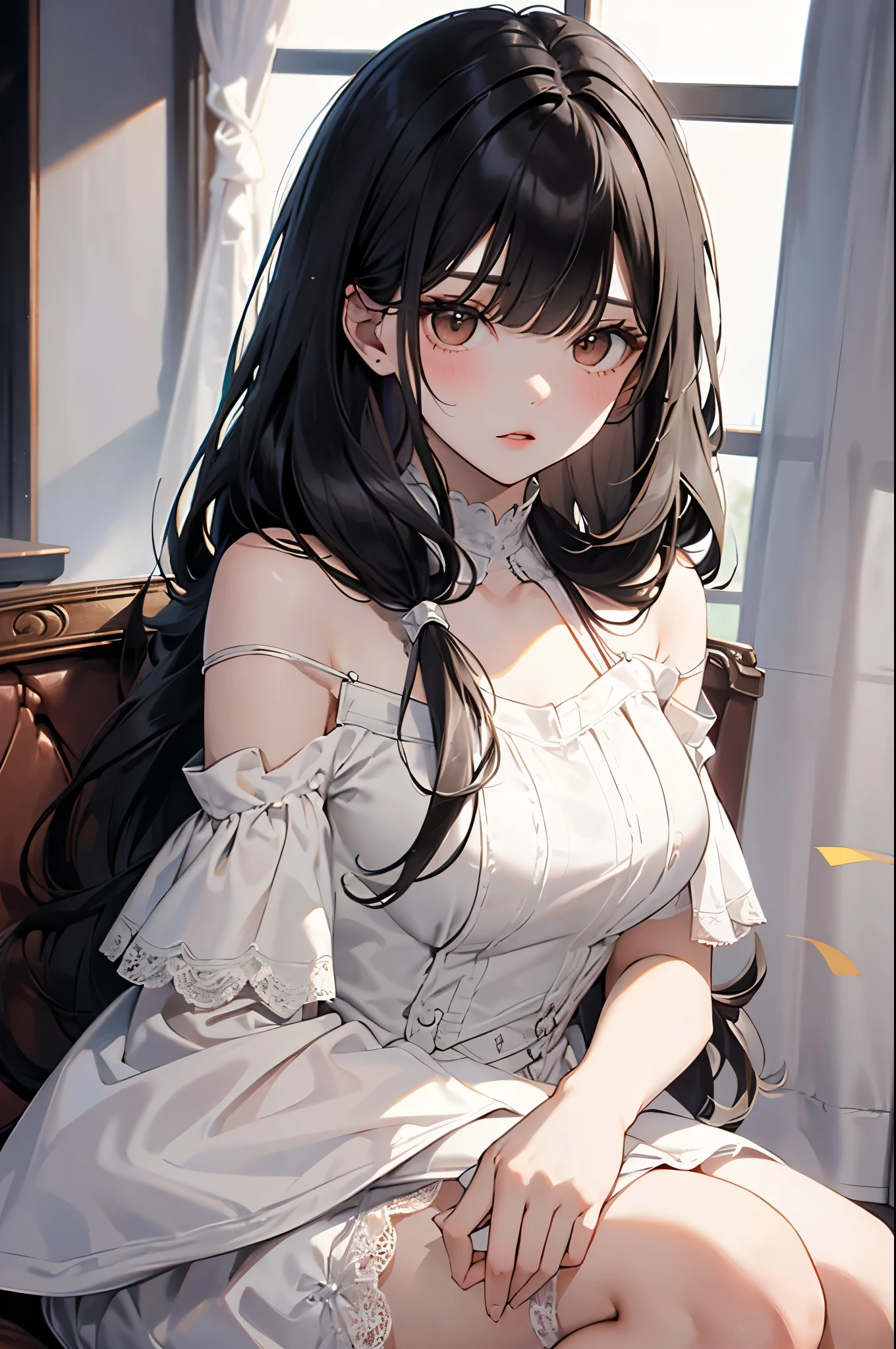 long dark hair / big tits / brown eye / white dress