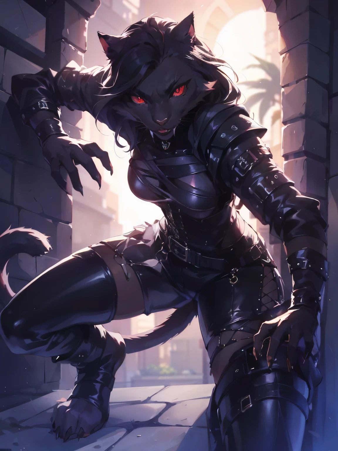 A black furry catgirl.Panther-girl. Red eyes, cat pupils. Middle age leather clothing. Black body fur. Oil painting. Masterwork. HD.