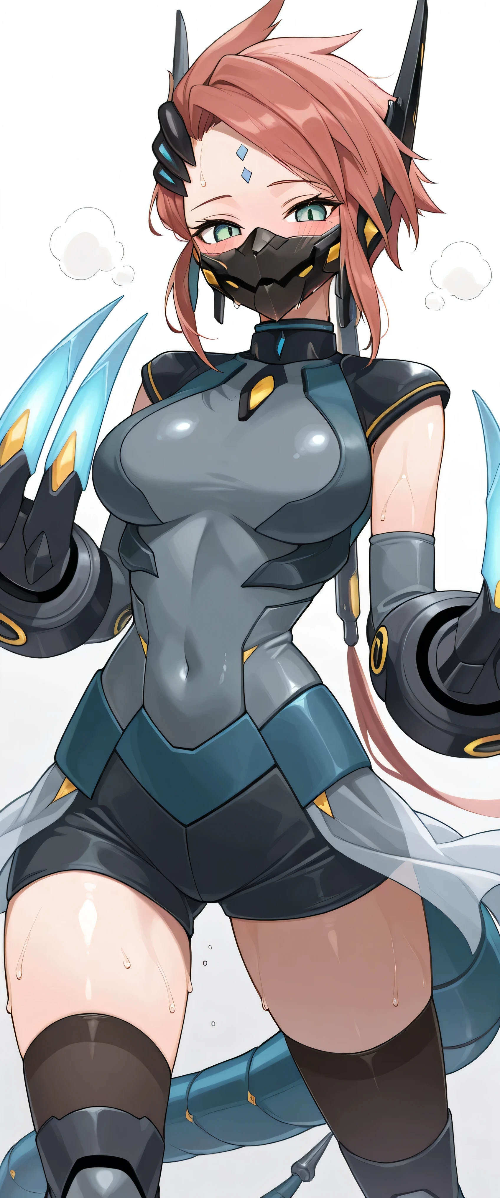 an anime drawing of sexy girl in black and orange gear, female armor, arm outstretched with elbow joint pointing up, 1girl, breasts, gloves, solo, large breasts, looking at viewer, smile, black gloves, long hair, silver hair, purple skin, yelow eyes
