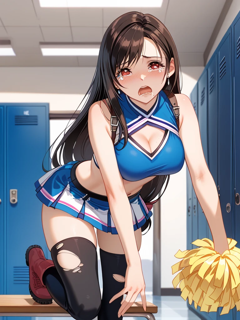 Beautiful girl in Japanese cheerleader outfit, age 21 years perfect appearance, perfect body inside a locker room