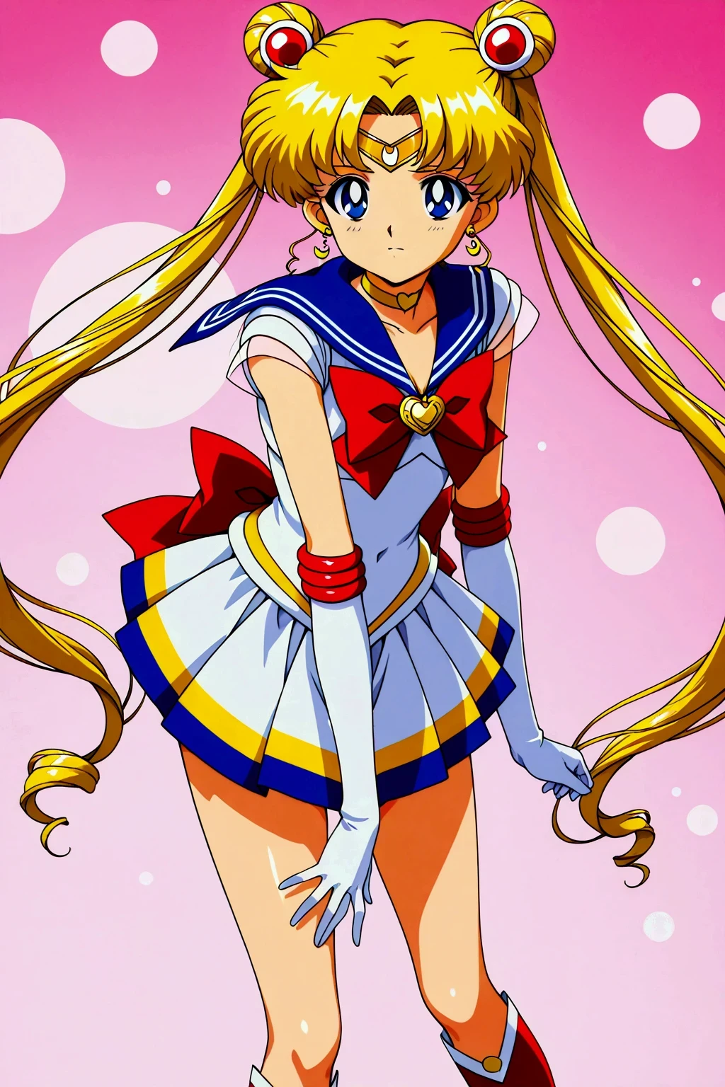 ((best quality)), ((official art)), ((masterpiece)), textile shading, ((ultra-detailed)), full color, (1girl, solo, <lyco:super_sailor_moon_outfit-v2:1>, bssmsuperoutfit, white gloves, white leotard, sleeveless, miniskirt, standing, bob cut, blonde hair), indoors