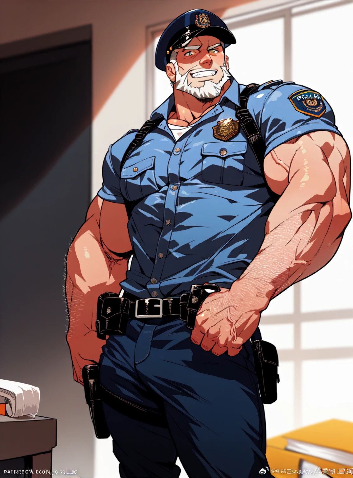 Solo, 1boy, perfect anatomy, sitting in desk, perfect proportion, (old man, old, wrinkles skinned, wrinkles face, Grandpa, police shorts, office, police shirt (open shirt)), perfect center, sharp eyes, big eyes, peaceful, eyes, (smile, happiness), calm, perfect fingers, big hand, fingers. Huge Muscular Old man with short hair, shoes, (cargo shorts), view from side, pectoral, thick arms, huge pectoral, wide pectoral, white hair, white beards, simple background, masterpiece, semirealistic:1.2, high detailed, 8k, high resolution, perfect center, full view. ((really big muscle, massive muscular, sixpack, thick arms, wide pectoral, super huge muscle, hyper muscular, over sized muscle, huge arms, big arms, huge pectoral))