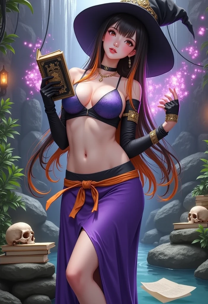 ( body masterpiece, ultra-detailed , mejor quality, Clear focus, shadow, anime-style, ultra high resolution, 8K, perfect anatomy , perfect face , ( detailed face), ( Detailed eye ), Punctuation_9, pPunctuation_8_arriba, pPunctuation_7_arriba, pPunctuation_6_arriba, pPunctuation_5_arriba, pPunctuation_4_arriba, source _animated, Label 1, Label2, quality_ body masterpiece, anatomically correct, beautiful face, perfect face , Beautiful and very detailed face and eyes, attractive face , detailed face, Delicate facial features , detailed leather, huge breasts, wide hips , Gigantic butt , thick thighs. A female anime-style character in a fantastic style in a magical environment . She is a young woman with long, bicolored hair (black with orange tips ), dressed as a sorceress or witch . She wears a pointed black hat and a deep blue top that matches her outfit.
She wears a purple skirt with a high opening design , showing a leg , and an orange ribbon around the waist . Holds a book with a decorative cover and golden symbols , which suggests that it is a grimoire or a book of spells . On the other hand she carries a human skull , adding an air of mystery . She also wears a glove long and a golden bracelet .
The background includes elements of a magical environment , With vegetation, a waterfall and soft lights that create a mystical effect . On the floor there are papers or books stacked , that reinforces the study theme or magical practice . Everything is illuminated with soft tones and a magical glow that envelops the scene .