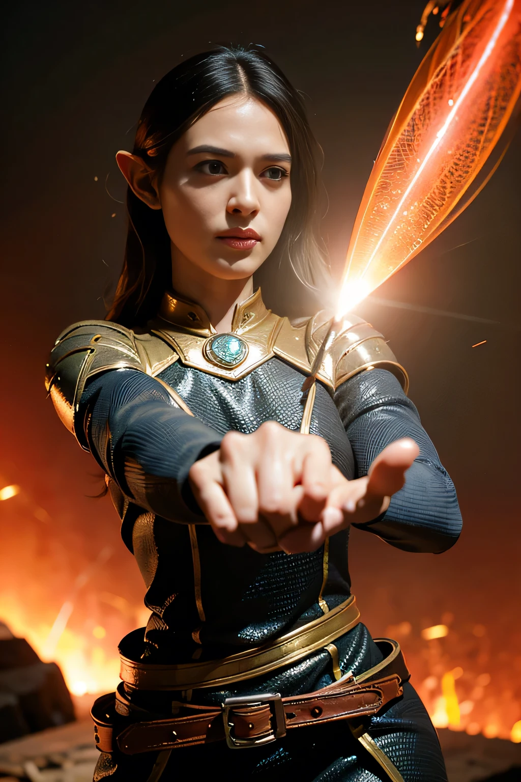 Design a female character who is a skilled archer and has a strong sense of justice. She is the leader of a group of rebels fighting against an oppressive regime. She is brave, intelligent, and resourceful. Her outfit should be practical for combat and movement, but also stylish and unique. Her weapon of choice is a bow and arrow, which she uses with deadly accuracy. (fire: 1.3), crystals, fire stones, lava, cave, ruins, BREAK production art, (cold light source:1.2), (Firefly:1.2), fire particles, dark, red, yellow and orange, complex details, volumetric lighting, realism BREAK (masterpiece:1.2), (best quality), 4k, ultra-detailed, (dynamic composition: 1.4), high detailed, colorful details, (gloomy colors: 1.2), (luminous lighting, atmospheric lighting), gloomy, magical, (solo: 1.4), (((glove full hands))), elf,