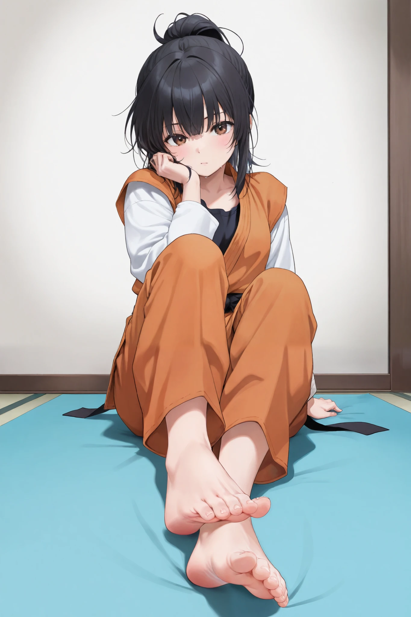 foot_focus, barefoot, feet, soles, solo, 1girl, toes, dougi, foreshortening, black_hair