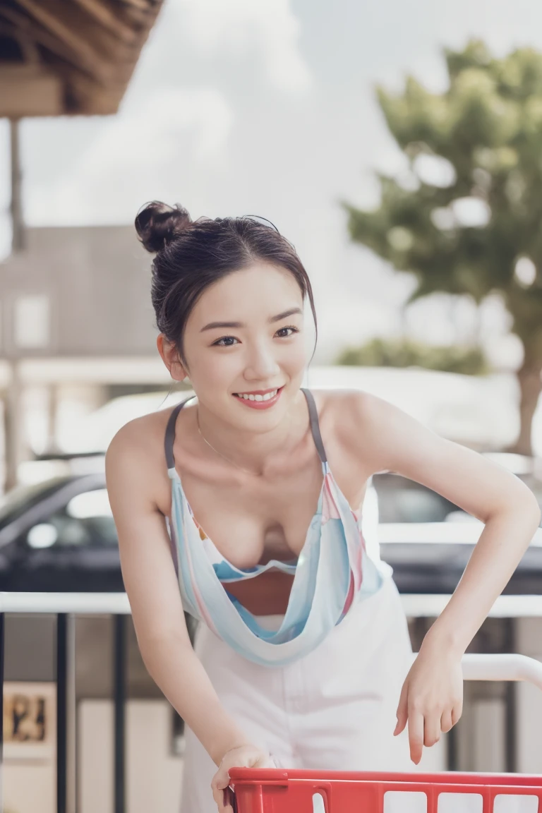 Highest quality、8k、masterpiece、Ultra-high resolution、Clear photos、Realistic photos、Realistic、detailed、concentrate、Professional Lighting、Very cute girl、beautiful girl、smile、ponytail、Super Slender、Delicate body、(Large Breasts)、Erect nipples、Tight waist、(Wearing a wet white tank top)、Full body photo、((In the shopping district)