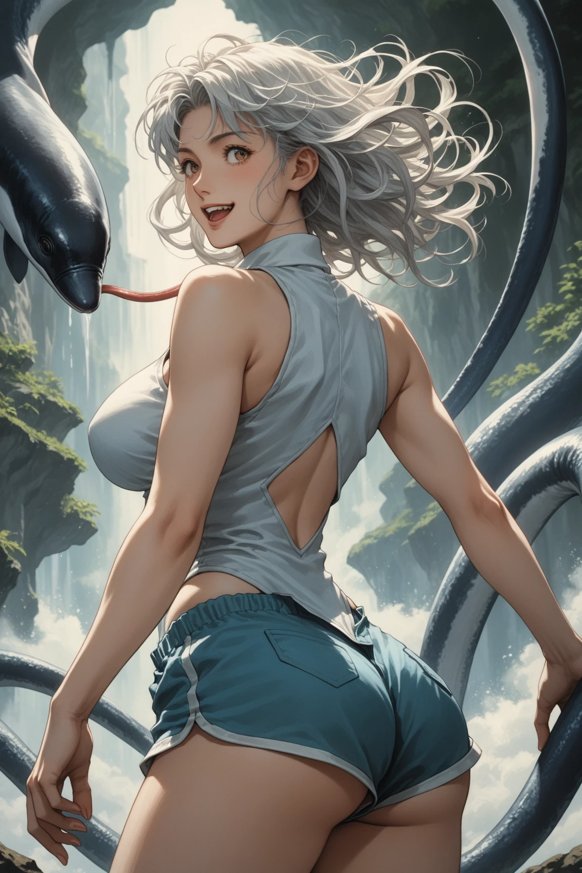 ((Frieza)), (((Female version))), Transformed into final form、dragonball z, Huge breats、battleing、Fighting、action、Beautiful expression、huge legs、Looking down、tail、red eyes、Bruised body、Perfect body、Toned body、full body Esbian、fıt body、abdominalusculature,