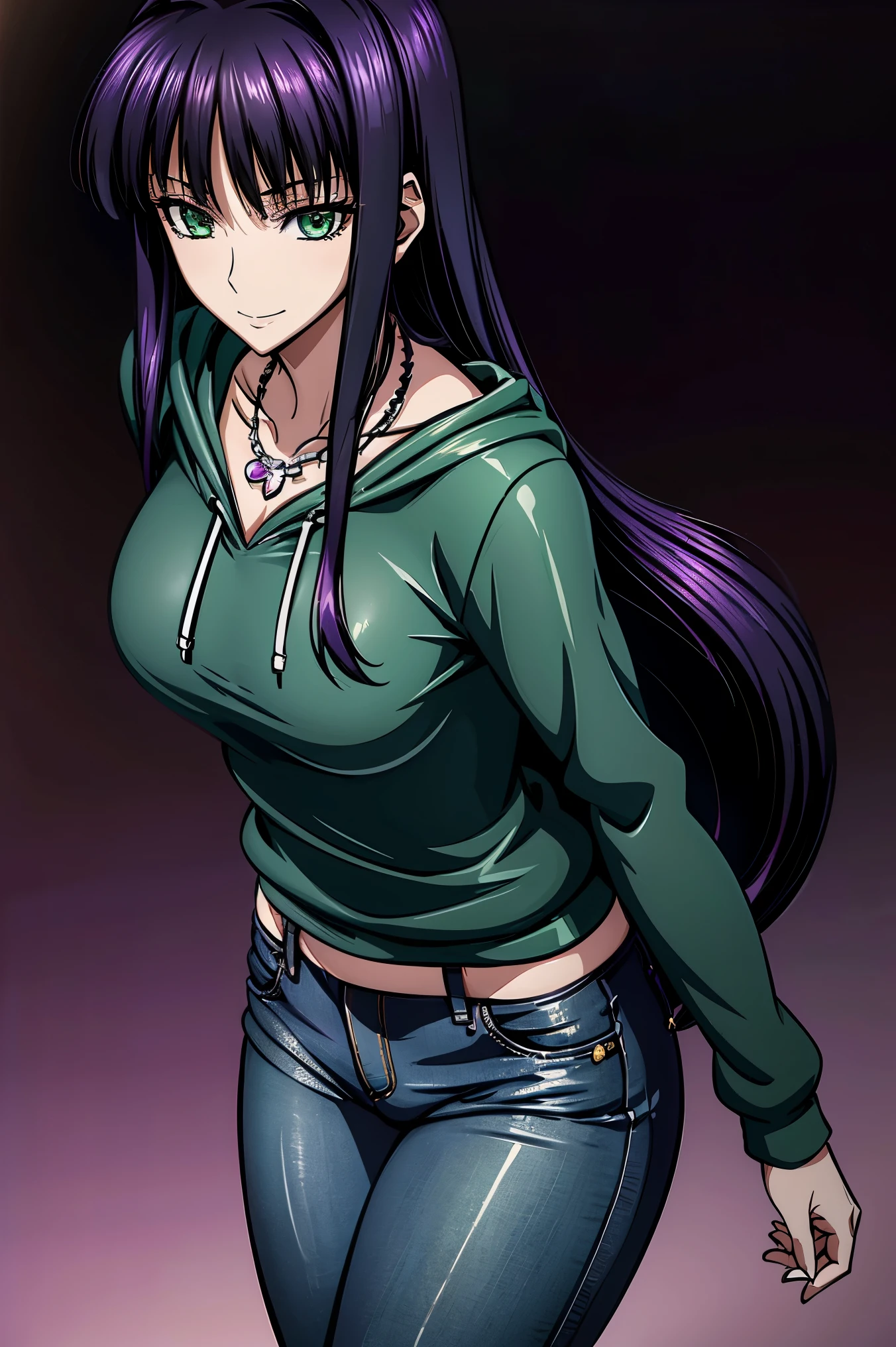 赤 purple hair, high resolution, highly detailed CG , high quality shadows, Detail A beautiful delicate face in a black leather costume , beautiful delicate eyes ,break(High definition 8K wallpaper),(Highly detailed CG 8k wallpaper),Makima ( chainsaw man ), skasaha (destiny/ Grand Order Required ),Reika Shimodaira , nothing , fluttering background {x} extremely delicate and beautiful CG illustration,最 high quality, beautiful thighs, big breasts、 Slim waist,(((masterpiece))), (((最 high quality))),8k,32K,masterpiece,beautiful alluring Anime woman, ultra definition , more details, high resolution, super real high school girl ,Masseter muscle area, 最 high quality, high quality, High Definition , HD texture, high qualityシャドウ, high details, Finely Details, age girl,1 personの少女, high school students,Alone,I,Just One, alone,1 person,Taki, mature vibe ,Leg length,Beautiful long legs,8 heads, statue :171cm, mature girl ,赤 purple hair,赤 purple hair, purple hair,Blackcurrant colored hair,Silky smooth hair, colorful hair, straight hair,smile,Cool Beauty, beautiful woman, pretty face, Beautiful realism, seductive look , Bewitching looks ,Quiet look, beautiful hair,首に necklaceをしている, necklace, ビーズ necklace ,Magatama Accessories,smile, colorful eyes, green eyes,Jade green eyes, beautiful eyes, bright eyes,Delicat eyes, Jewel Eyes ,Jade Eyes, droopy eyes ,( green eyes:1.5), enchanting face , watching viewers ,Model Photo, simple background, black hair, long eyelashes , lightsmile, 赤 purple hair, Blackcurrant colored hair, hairpin, lightsmile, 妖艶なsmile, Jade green eyes, Sparkling pupils, droopy eyes , multicolor eye , Anime style, ハイパー realism, realism, Anime, 8k, more details, accurate, 最 high quality, 16k, anatomically accurate, accurate, 超 high resolution, 16k, high resolution, 最 high quality, hoodie,Casual clothes,(( black low rise skinny long jeans)), hoodie,(( Sweatshirt )),stroll,Building Street,sunlight,blue sky,stroll, bustling streets ,Daytime, walking , TAKE OUT ,outside,