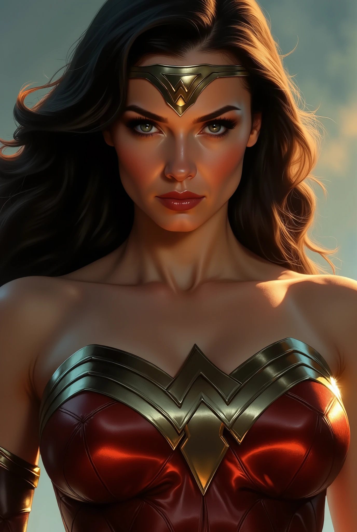 Close-up face of Wonder Woman in epic style