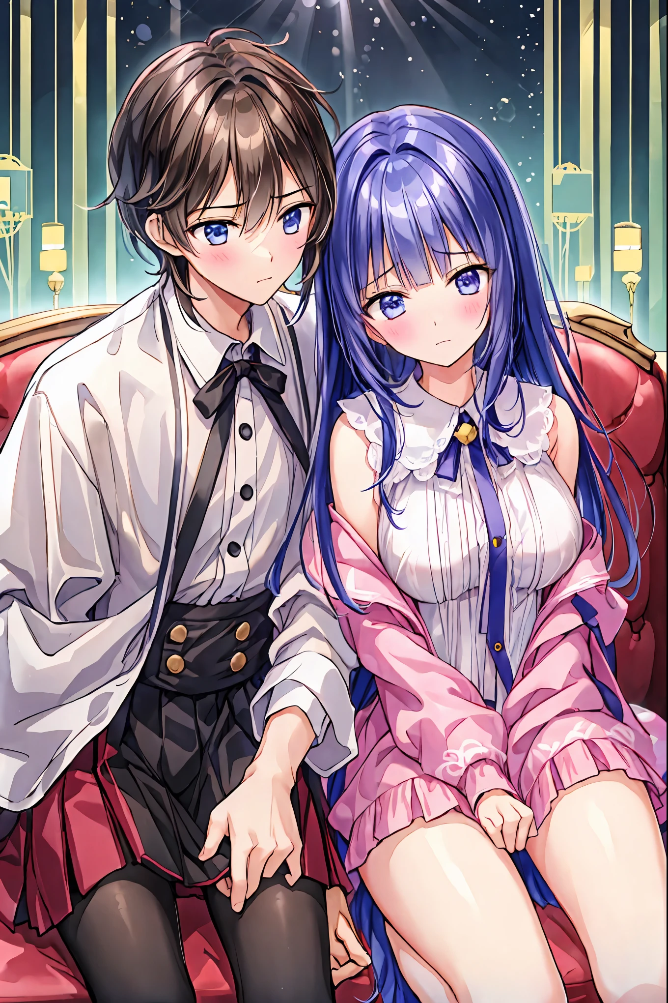 Couple in their 20s、male1名, woman1名、maleとwomanの両方のための軽い服装、 kissing 、Shiny atmosphere、woman(Medium length brown hair )close ~ eye、Sweet Sigh、male( short black hair、右手をwomanの頬に当てる)tightly close your eye、 With background(room、Sofa)、Late Night、 dark、Anatomically correct limbs、 Girls Are Slightly Skinny 、I can see your underwear