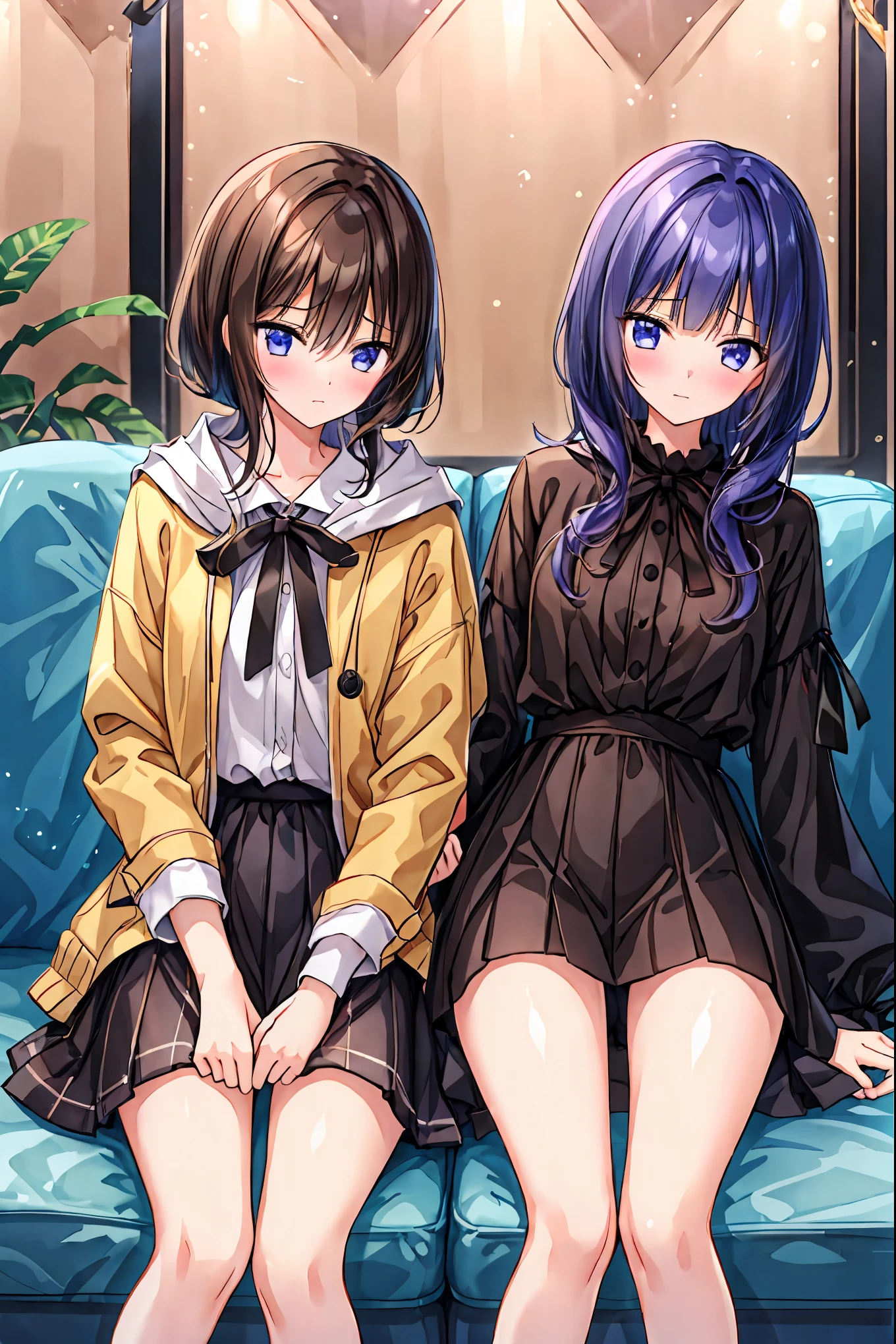 Couple in their 20s、male1名, woman1名、maleとwomanの両方のための軽い服装、 kissing 、Shiny atmosphere、woman(Medium length brown hair )close ~ eye、Sweet Sigh、male( short black hair、右手をwomanの頬に当てる)tightly close your eye、 With background(room、Sofa)、Late Night、 dark、Anatomically correct limbs、 Girls Are Slightly Skinny 、I can see your underwear
