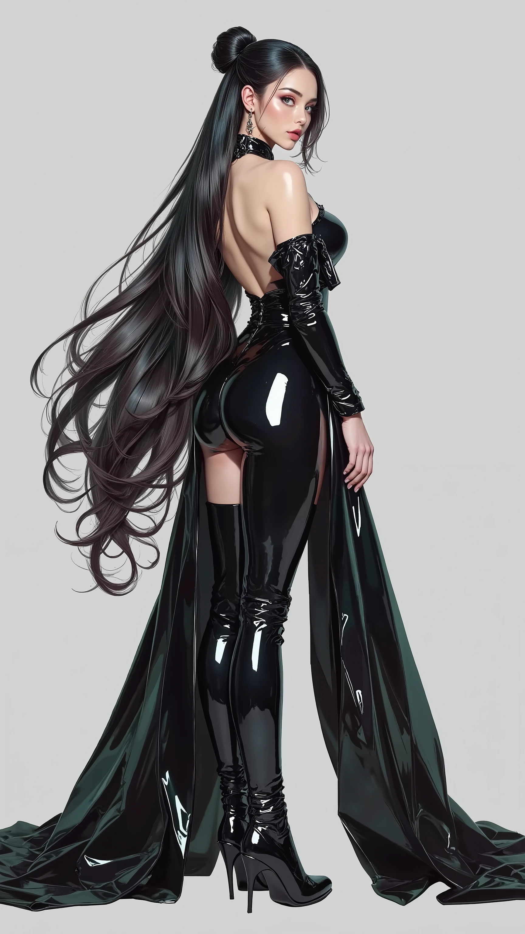 Masterpiece, highest quality, super detailed, 16k, retina, digital artwork, professional lighting, anatomically correct, perfect body details, (1 woman, full body, five fingers, correct number of fingers and arms, , beautiful long black hair reaching to the knees tied in an original style, glamorous and slender body wrapped in black tight leather suit, beautiful latex leather suit, beautiful gloss, sleeves and hem spread like a trumpet, wide open back, seductive hip line, beautiful legs, black fantasy design heels integrated with leather suit, looking back to the viewer in a sexy pose, turning pose, hands on knees, seductive and coquettish eyeliner shadow, gloss applied on lips shines seductively), ((standing with back turned, legs apart, standing with legs wide open, full body))
