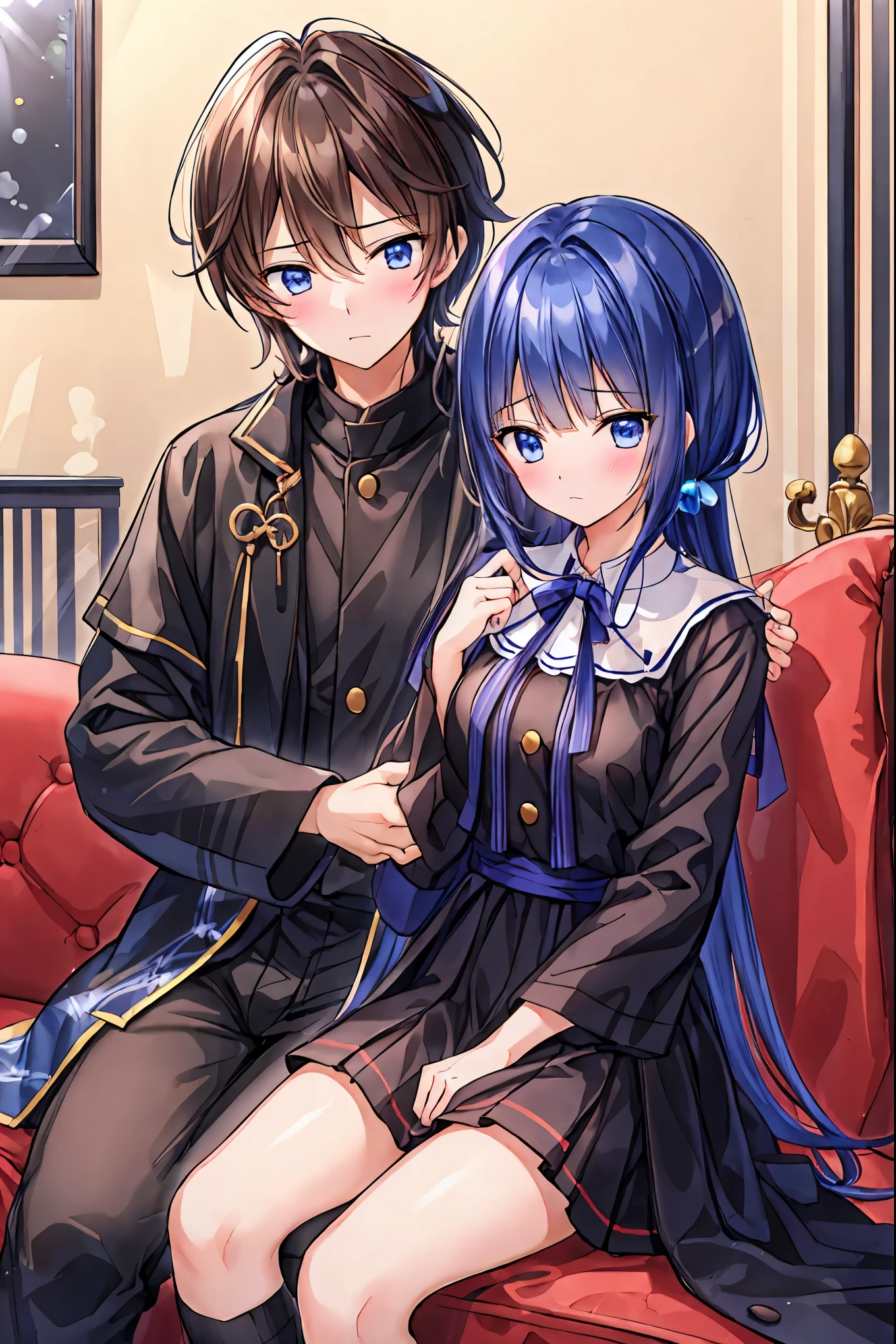 Couple in their 20s、male1名, woman1名、maleとwomanの両方のための軽い服装、 kissing 、Shiny atmosphere、woman(Medium length brown hair )close ~ eye、Sweet Sigh、male( short black hair、右手をwomanの頬に当てる)tightly close your eye、 With background(room、Sofa)、Late Night、 dark、Anatomically correct limbs、 Girls Are Slightly Skinny 、I can see your underwear