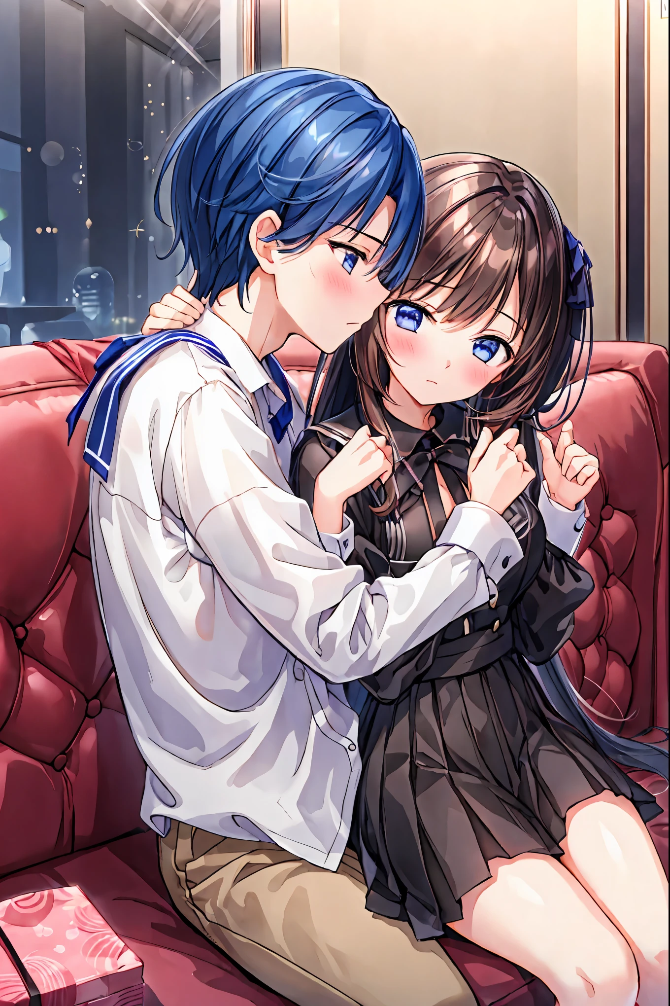 Couple in their 20s、male1名, woman1名、maleとwomanの両方のための軽い服装、 kissing 、Shiny atmosphere、woman(Medium length brown hair )close ~ eye、Sweet Sigh、male( short black hair、右手をwomanの頬に当てる)tightly close your eye、 With background(room、Sofa)、Late Night、 dark、Anatomically correct limbs、 Girls Are Slightly Skinny 、I can see your underwear