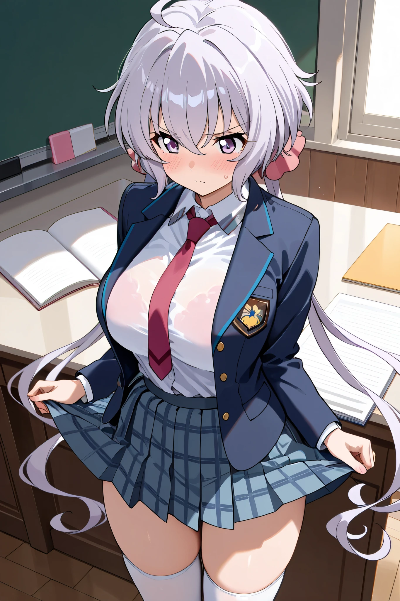 NSFW,masterpiece, best quality, high resolution, very detailed, Yukine Chris, long hair、 purple eyes、 Twin Tails、ロー Twin Tails、stupid hair、Big Breasts、indoor、uniform、 blazer、 tie、 white knee socks 、 pleated skirt、 open jacket to hold a notebook