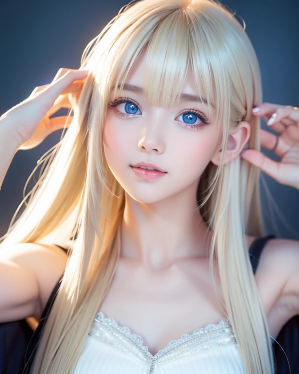 highest quality Shining, clear, white skin、Her windblown blonde hair hides her beautiful face、huge、20 years old cute sexy little beautiful face、Beautiful straight hair that stands out、growing up, Sparkling light blue eyes、long silky bangs that cover cute eyes, Sexy and cute young woman with super long hair hiding her sexy face、Super long, natural platinum blonde shiny hair Beautiful bangs that cover the forehead and reach the eyebrows Beautiful chest whole body Lower Body Overall image Sensual pose They are trying to seduce me. A devilish look peace sign extreme cosplay costumes(Goddess of victory Nikke)Like trying to kiss you with your beautiful lips