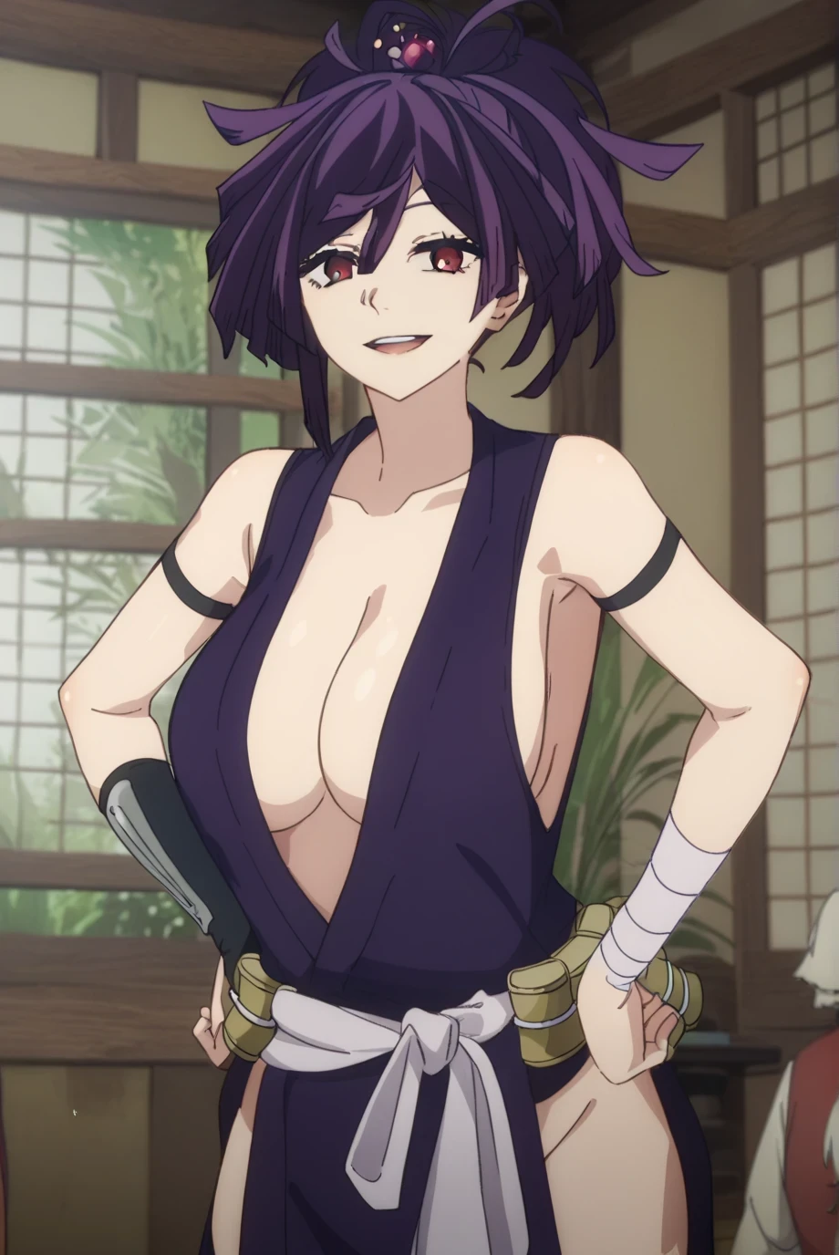 best quality, masterpiece, topknot, medium hair, breasts apart, seductive smile, pants, anime, character, beta, yuzuriha, jigokuraku, kizuki, yuzuriha_(jigokuraku), purple hair, brown eyes, ninja, bukkake, top knot, dress, torn clothes, perfect