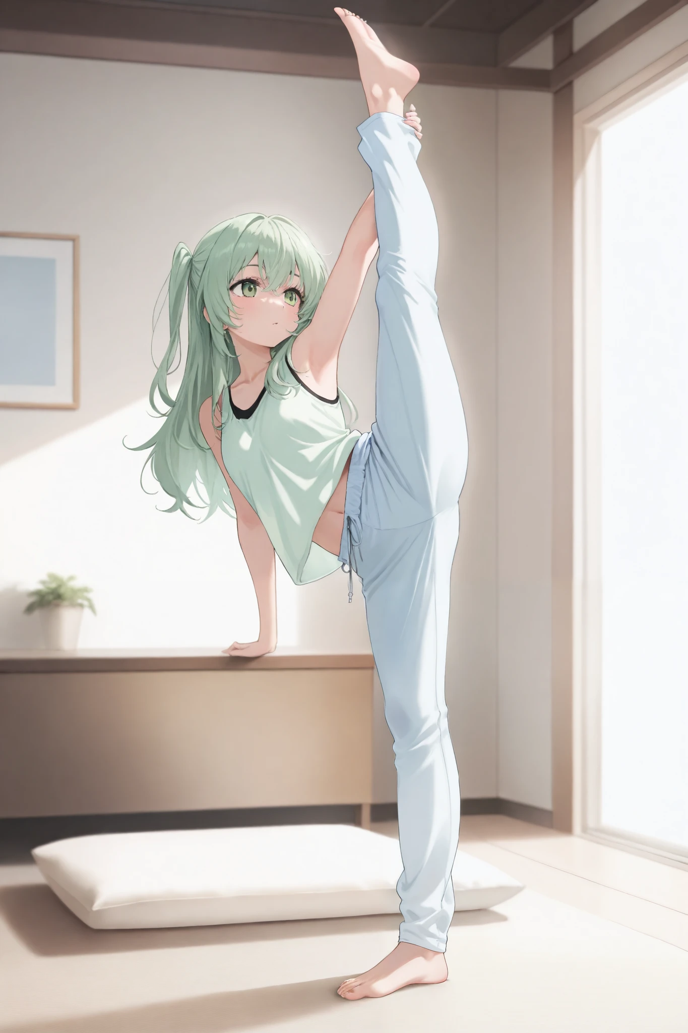 solo, standing_on_one_leg, standing, 1girl, barefoot, pants, split, standing_split, flexible, light, leg_up