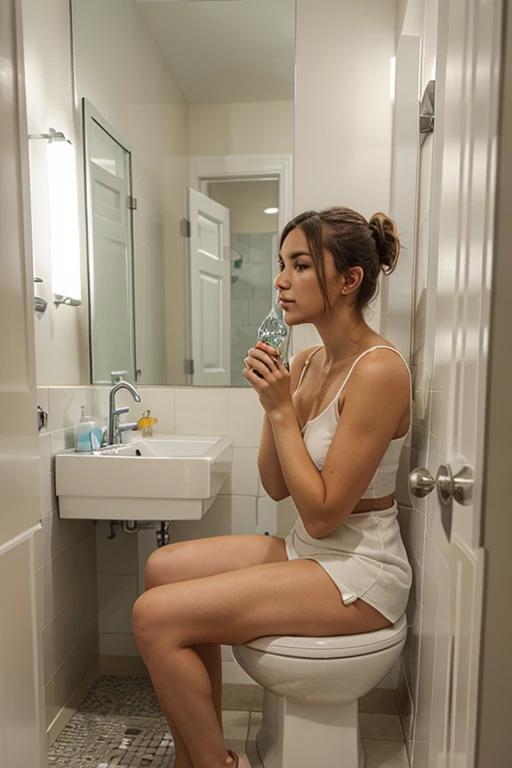 An image depicting a mature woman in a bathing suit in front of a bathroom mirror applying nighttime skincare products to her face, with a peaceful setting and soft lighting --auto --s2