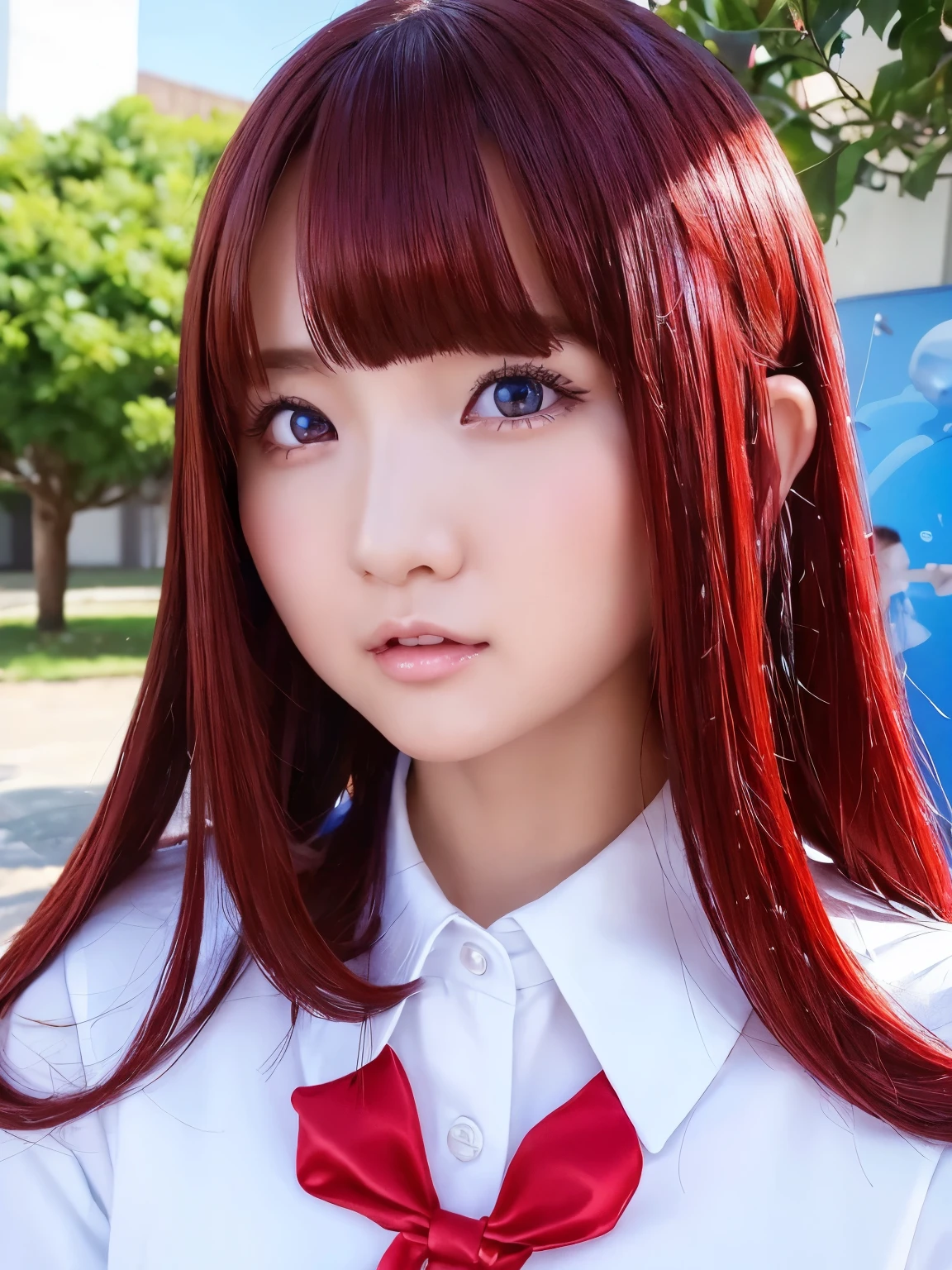 1 girl、school uniform、blue sky、 bright and very beautiful face 、 young, shiny white skin 、Great looks、Red hair that reflects dazzling light 、 shiny, beautiful red super long silk straight hair、 long bangs、Stunningly beautiful old 、Big eyes that shine like clear, bright blue crystals 、 Beautiful Adorable Beautiful Girl