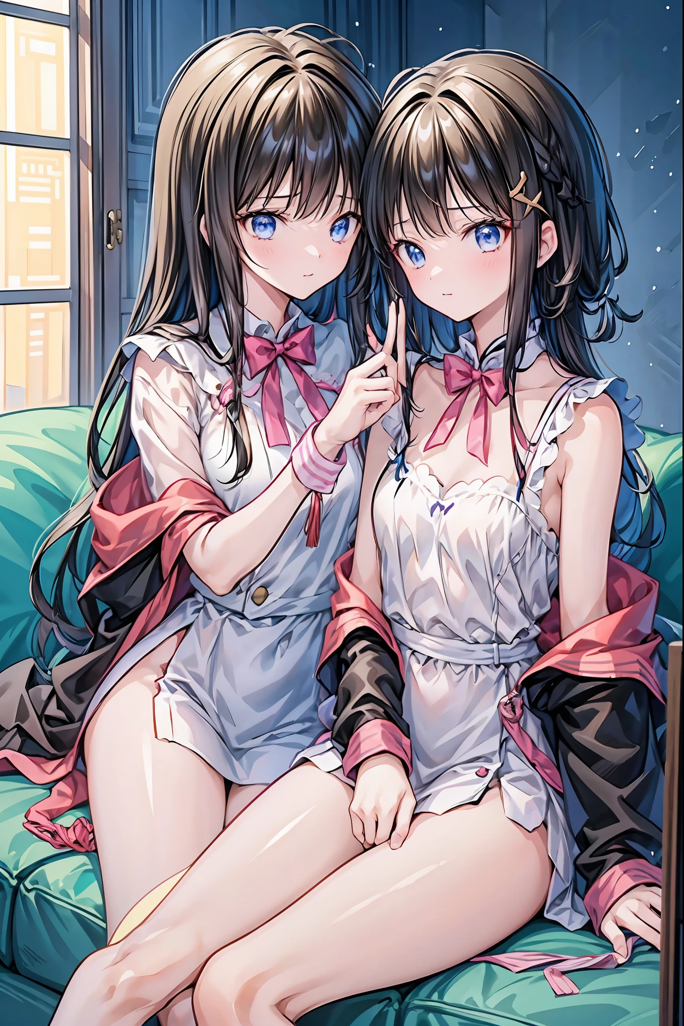 Hands Behind Back,Tied with hands behind back,from front,front view,looking at viewer, looking ahead,from above,cowboy shot,2girl,Beautiful 11 year old girl,Japanese,Slender,,low length,Small breasts,Thin legs,Small Ass,Baby Face,Small face,Black Hair,Straight Long Hair,Gray Eyes,Drooping eyes,Collar with leash,middle School girls,A see-through black and blue negligee,Sexy Lingerie,open mouth,tongue out,front face,Kneeling,Straight Stand,Beautiful and detailed anime art,Mischievous smile,Sexy vibe,cum on tongue,Dimly lit room,On the bed,Simple Background,Gray background,Low lighting,
