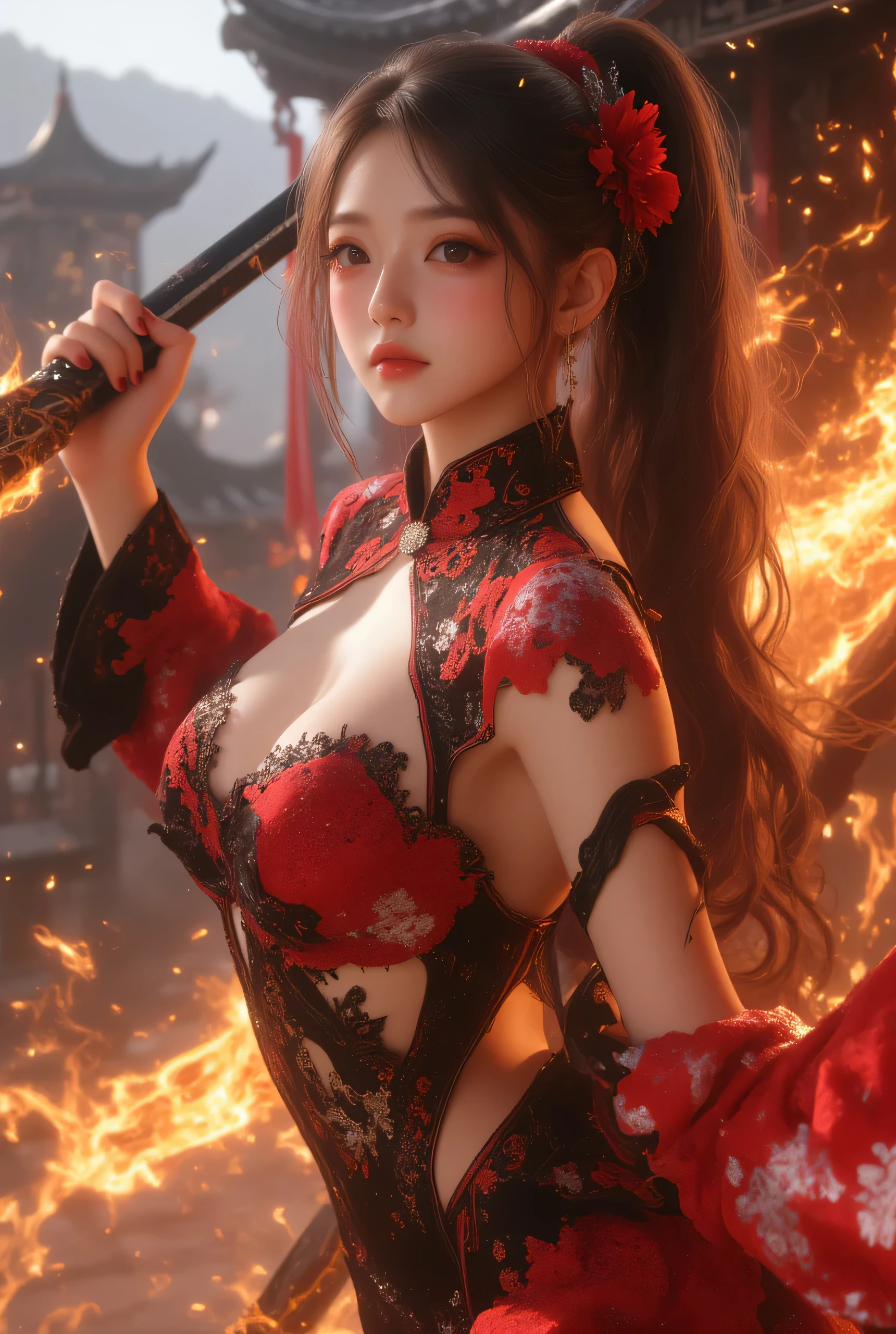 Highest quality, Highly detailed CG Unity 8k wallpaper,Dark fantasy setting,Beautiful female Japanese demon,,Tight clothing,Large Breasts,Burning Devil Wings,Sharp Corners,Have a flaming sword,Cast a Shadow,Standing on top of the temple,Otherworldly power,Dynamic Lighting, Depth of written boundary, Best Shadow, Stable Diffusion Model, Sparkling