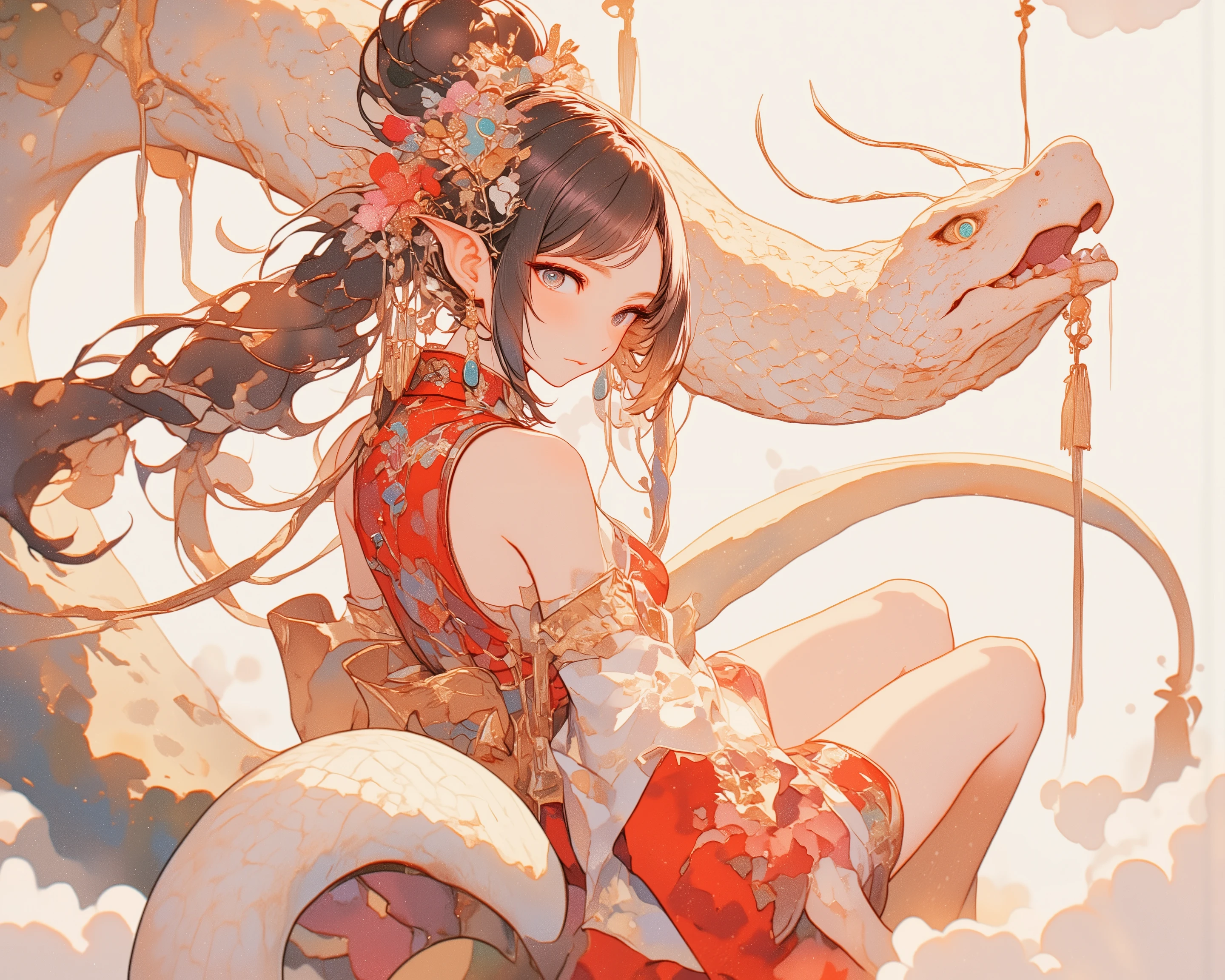 masterpiece、 best image quality、 best quality、 delicate depiction、 detailed depiction 、 beautiful、 watercolor、art、,Chinese style red costume 、 ((Snake costume 2.0))、 Chinese、 Fantastic、cloud、White Snake、Lantern、 girl , Painting、 Blur