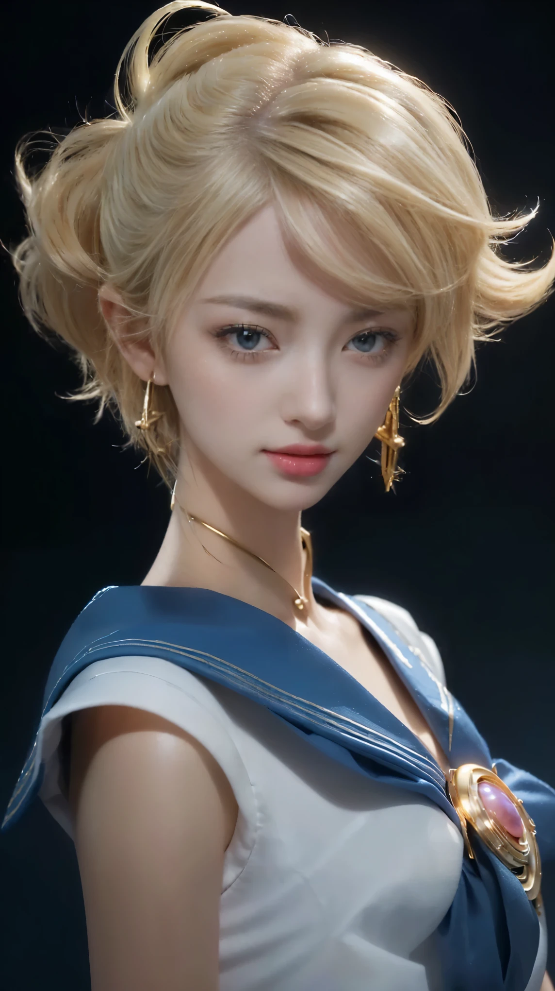 a close up of a woman with blonde hair and blue eyes, portrait knights of zodiac girl, knights of zodiac girl, Sailor Uranus, realism styled, extremely detailed artgerm, artgerm ; real engine, artgerm jsc, the goddess artemis smirking, detailed digital anime art, stunning character art, artgerm style