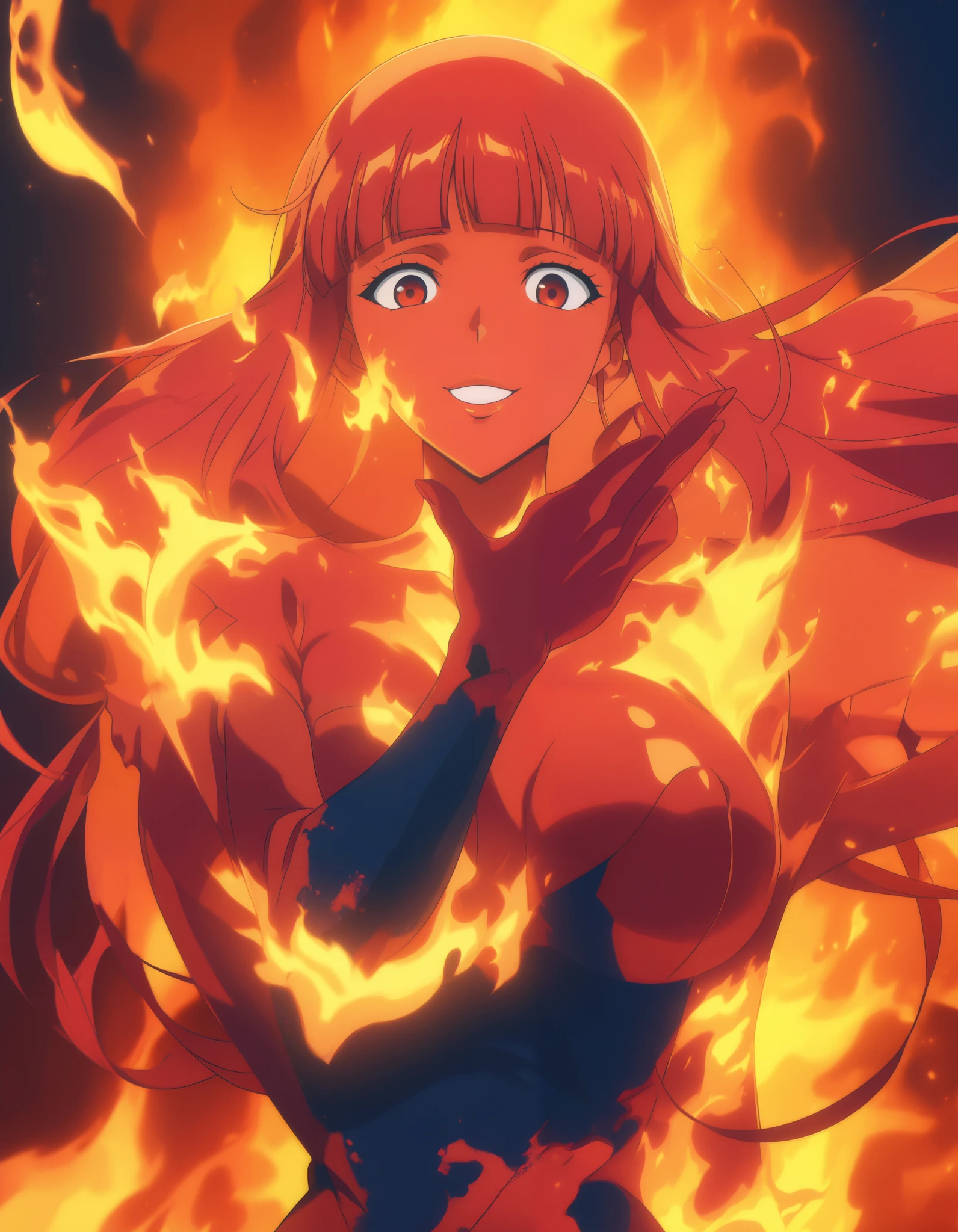 Quality_masterpiece, Absurd res, Anatomically correct, Beautiful face, Perfect face, (Hentai masterpiece), Anime, (Manga animation), Fire Girl, flame skin, mature women, Magma_tattos, long blunt bangs, red hair beauty, stunning girls, busty, colorful, (perky) tits, in a high mountains scene, Rocky mountains, playful, fun, perfect light, seduction,