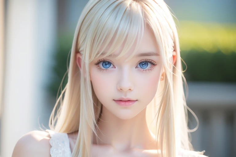 Crystal clear and shiny skin、Cute 13 year old with beautiful face、Very large, beautiful, bright, pale sky blue eyes、Very big eyes、Super long straight hair that shines in the light、Long, silky bangs that cover her cute eyes、Hair that hides sexy features、too long bangs、Sexy and cute young beauty、Super long natural young blonde hair with sparkling highlights Blonde over one eye Blonde over one eye、Blonde hair between the eyes