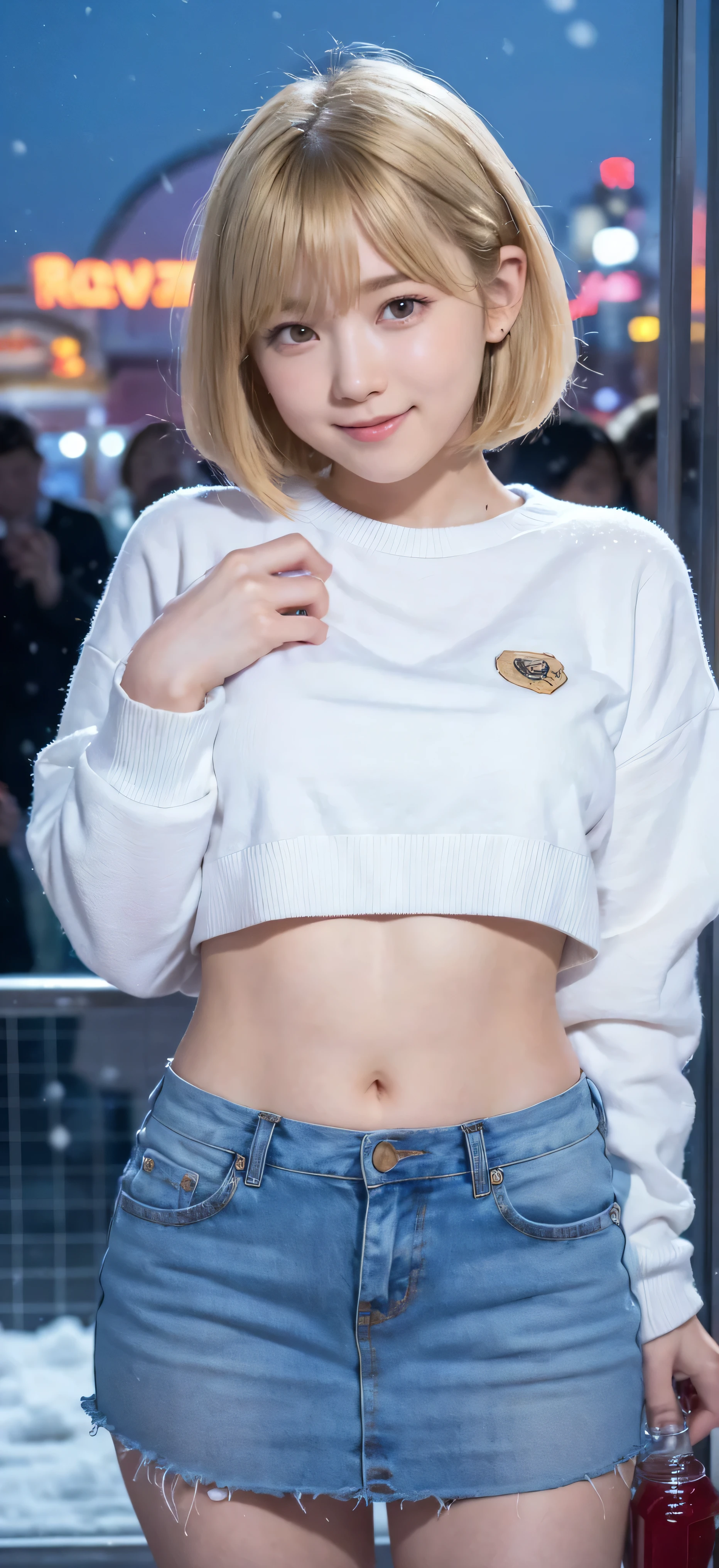 ( blonde bob hair :1.3, i have PET bottle, super beautiful girl , sweater, low rise miniskirt) , (18 years old:1.3), break, ( night,snowing, ferris wheel:1.3), break, Shy laugh:1.3, , ultra are cute eyes , ( symmetrical eyes :1.3), break, ( Ultra- realistic Skin:1.3, pores, Blue Veins), brown eyes , breasts stick out of the pelvis , ( blonde bob hair :1.3), are cute , break, ( Details eyes and face:1.0), Straight nose :1.3, in the crowd, pussy line, camel toes , platinum blonde , Masterpiece , Top Quality , RAW photo , realistic , are cute people々, Details boundary, Ultra-fine , very Details, Details, very Details, Details description , Sharp Eye, has movie lights