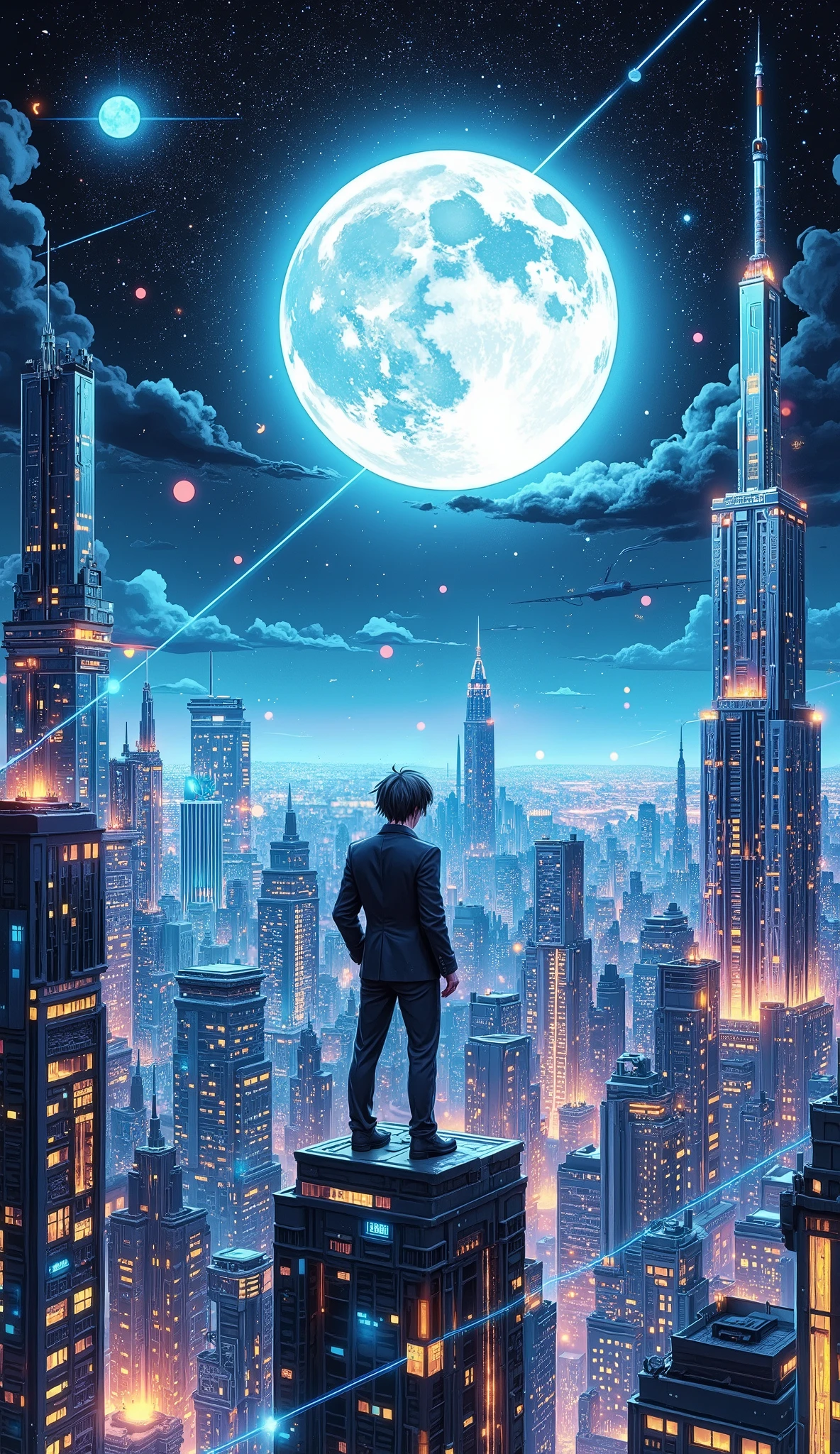 a young man wearing a black suit stood on a building facing the moon, 3D Glow line art, digital shot from above, space colony, 4D rendering,