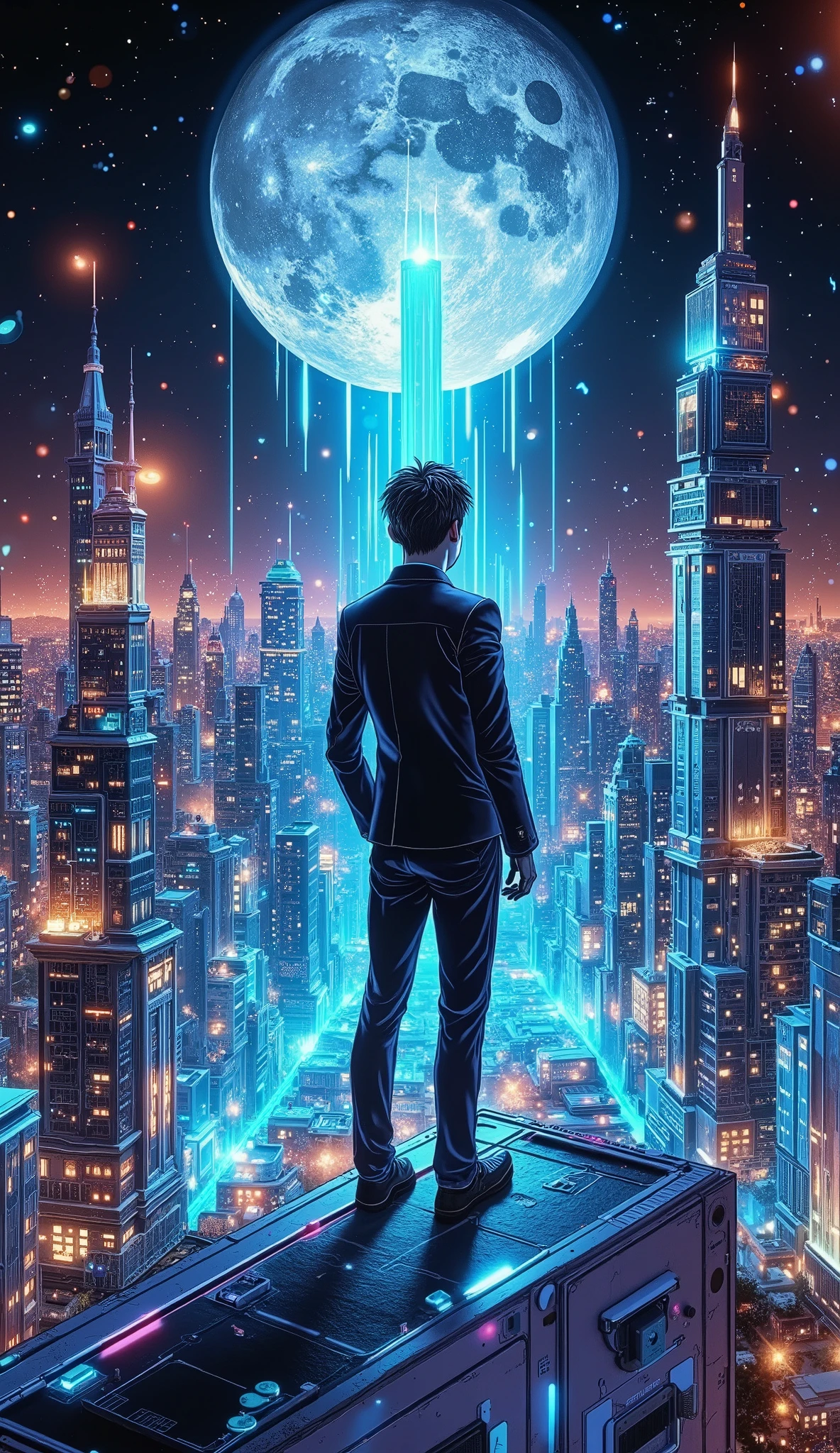 a young man wearing a black suit stood on a building facing the moon, 3D Glow line art, digital shot from above, space colony, 4D rendering,