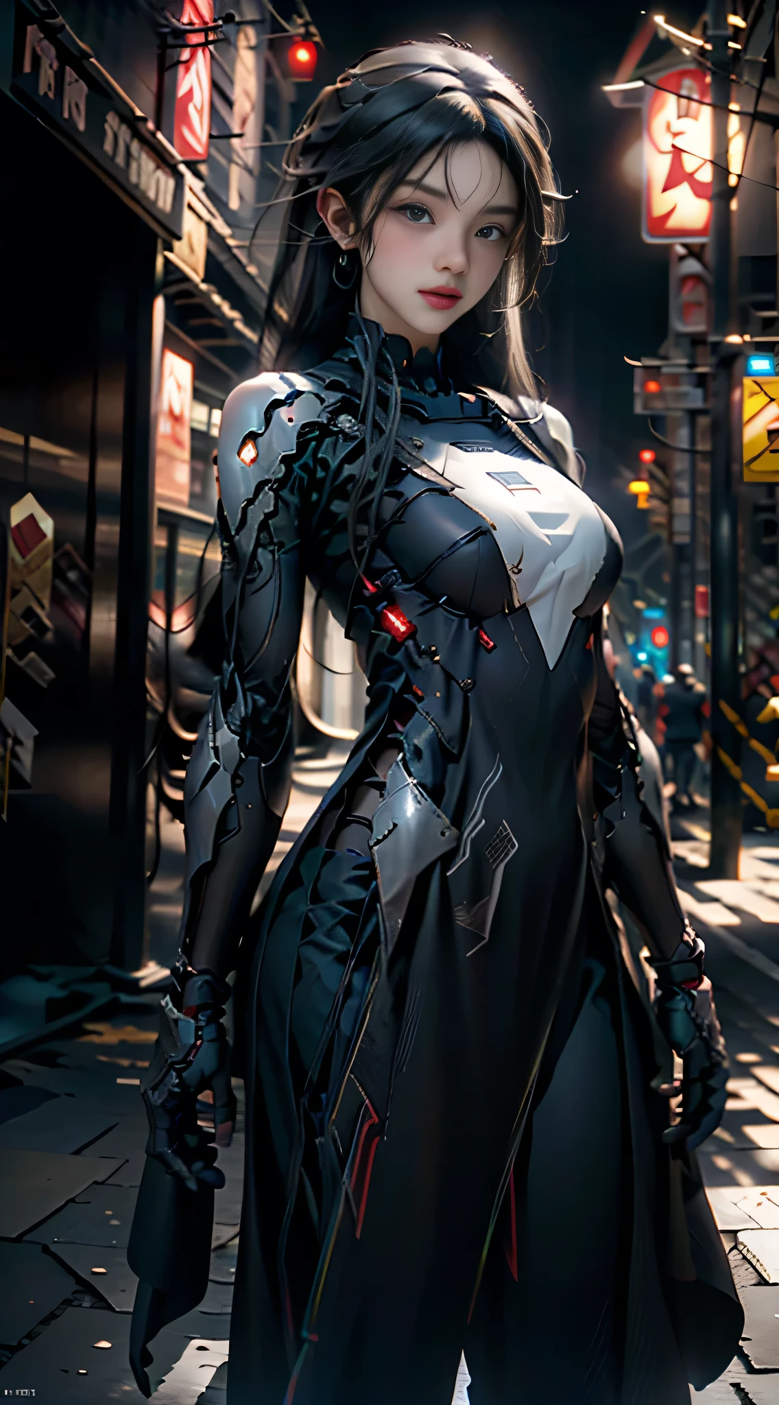 Rendered in 8K RAW with HDR (High Dynamic Range) and ray tracing enabled, ensure maximum clarity and sharpness, accurate light-material interaction, and precise surface shading. Utilize NVIDIA RTX and Unreal Engine 5 for subsurface scattering, PBR texturing, post-processing, and anisotropic filtering. The image should feature depth of field, low ISO, perfect white balance, and follow the rule of thirds for composition. Employ Octane Render to achieve lifelike proportions, two-tone lighting, a wide aperture for cinematic effects, and albedo and specular maps to enhance realism. The scene should include cyberpunk elements like neon signs, futuristic cityscapes, and ambient lighting to create a captivating, immersive environment."