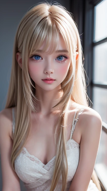 Portrait、、Bright expression、ponytail、Young, lustrous, glowing, white skin、Cheek highlight、The best beauty、Clear, silky blonde hair with dazzling highlights、Shiny bright hair,、Super long silky straight hair、Shiny beautiful bangs、Big bright blue eyes like sparkling jewels、Very beautiful lovely cute 16 year old girl、Ample Bust