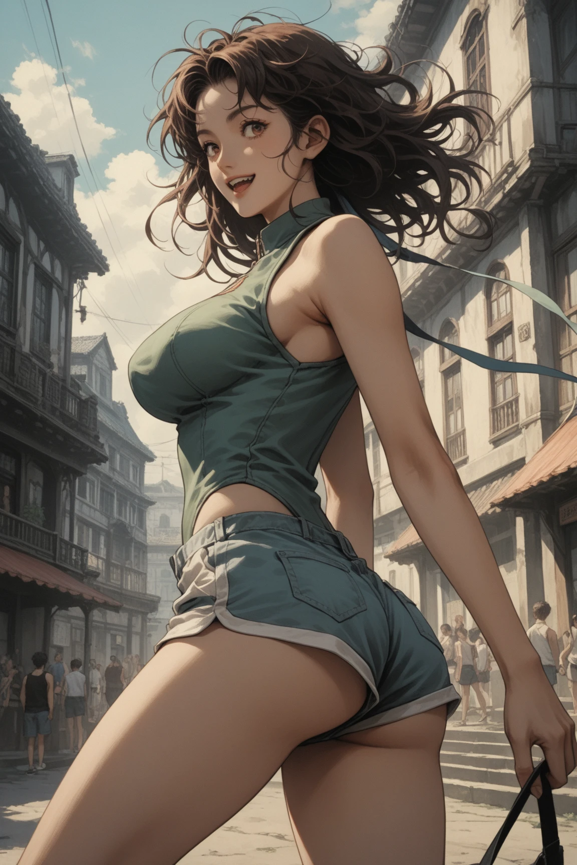 tanned brunette beautiful girl , 16 y.o indian woman in rugged wastelander clothes, random hair, leather west, very short leather pants, perfect breasts, cleavage, background is city ruins, (high detailed skin:1.2), 8k uhd, dslr, super lighting, high quality, film grain, high res, highly detailed, hyper realistic, beautiful face, beautiful body, beautiful eyes nose lips, alluring expression, very bold, shot from above, upper boobs visible, full body photo, pale translucent glowing skin, most beautiful face, cute, dynamic pose, beautiful feminine curves ,