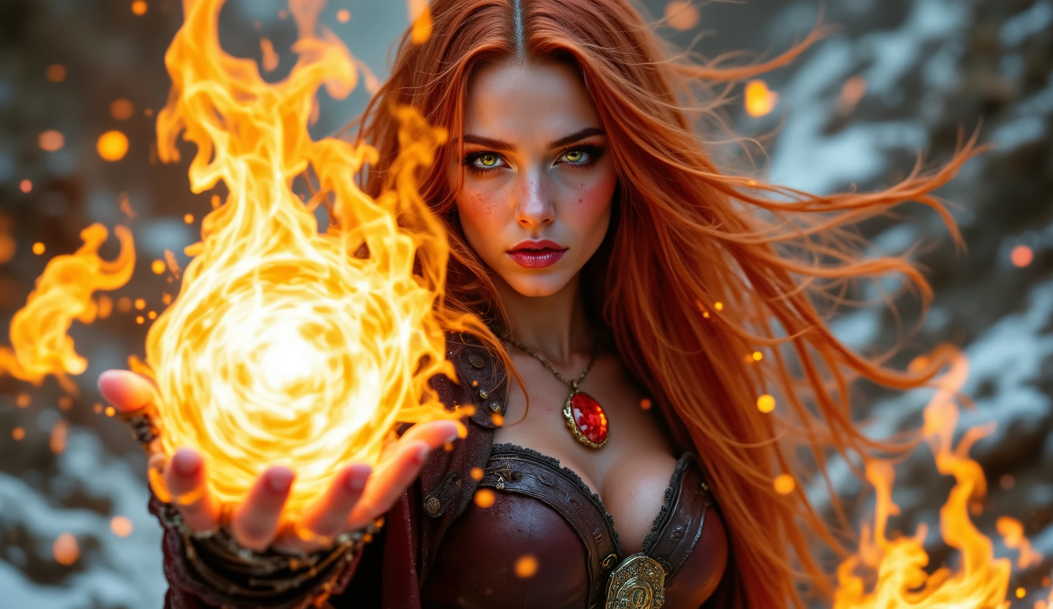 *" Red-haired Scandinavian sorceress with emerald green eyes , with sparkling determination and power , captured , breaks out of her when she throws a huge fireball right towards the camera . Her hair flutters in a whirlwind of magical energy , the cloak rose behind . Leather and metal armor low-cut necklines emphasize her chest, , a perfectly fitted silhouette accentuates her grace . A gold medallion with a red ruby around his neck , shining in the glint of fire .
Her wrist hand thrown forward , a burning fireball with burning runes , that rapidly flies towards the viewer . Her left hand is slightly pulled back , as if maintaining balance and magical energy . The flame of the ball fills the frame , fiery tongues create an intense glow , heating the air around .
Background — the snow-capped cliffs of the epic gorge , their snow-white peaks contrast with the red-orange reflections of lava flows, oozing from the cracks . The Dark Cave, leading to the dragon's lair , can be seen in the background . The whole scene conveys the intense moment of attack : energy, movement, brightness and epic ."*