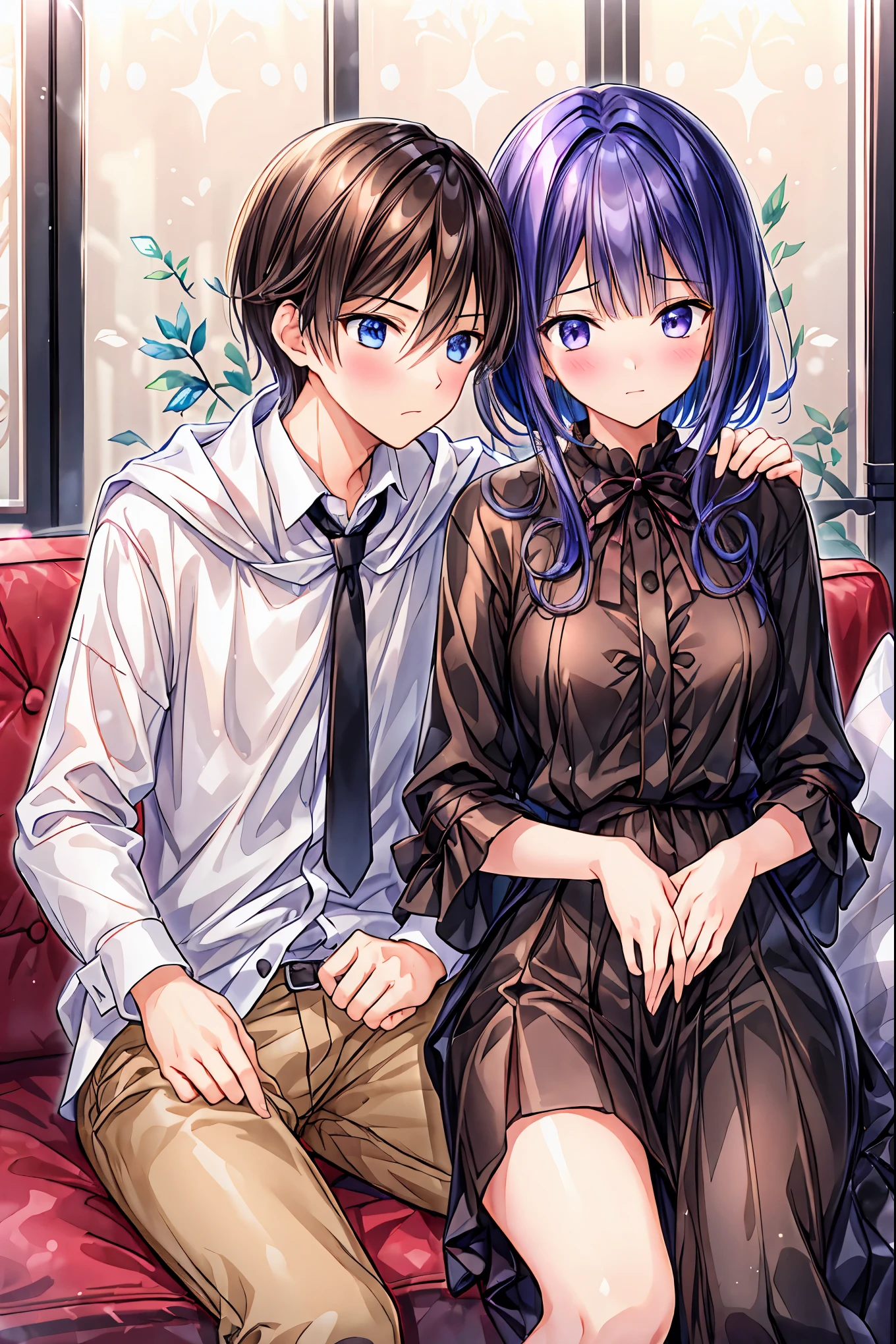 Couple in their 20s、male1名, woman1名、maleとwomanの両方のための軽い服装、 kissing 、Shiny atmosphere、woman(Medium length brown hair )close ~ eye、Sweet Sigh、male( short black hair、右手をwomanの頬に当てる)tightly close your eye、 With background(room、Sofa)、Late Night、 dark、Anatomically correct limbs、 Girls Are Slightly Skinny 、I can see your underwear