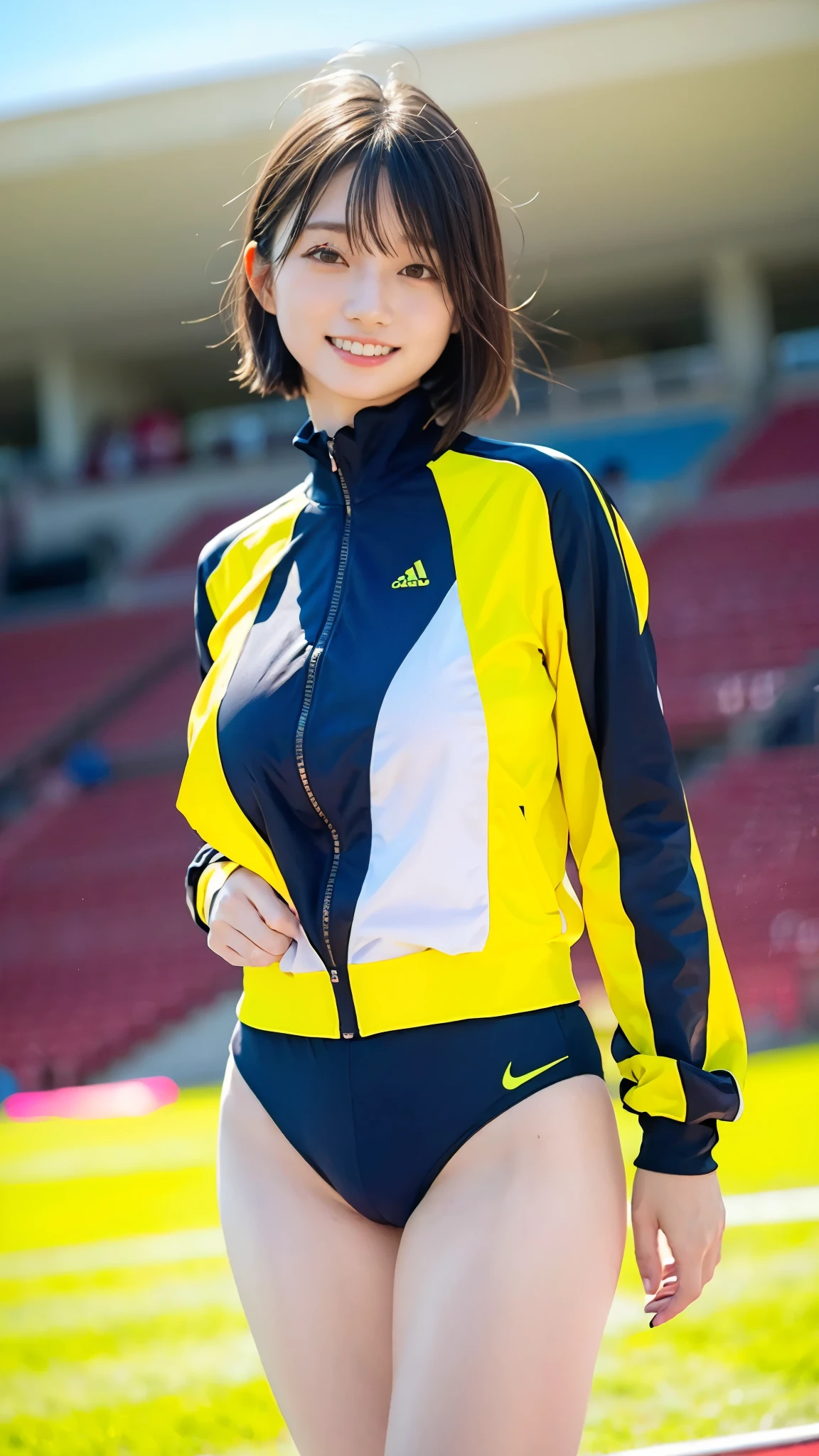 best quality,masterpiece, super high resolution, high-definition RAW color photo, professional photography, natural skin texture, fine skin, hyperrealism, smiles,gigantic breasts, shortcut hair,(( Athletes , Shiny Black High Leg Competition Racing Bloomer,(Neon Yellow Track Suit ))),( athletics stadium)