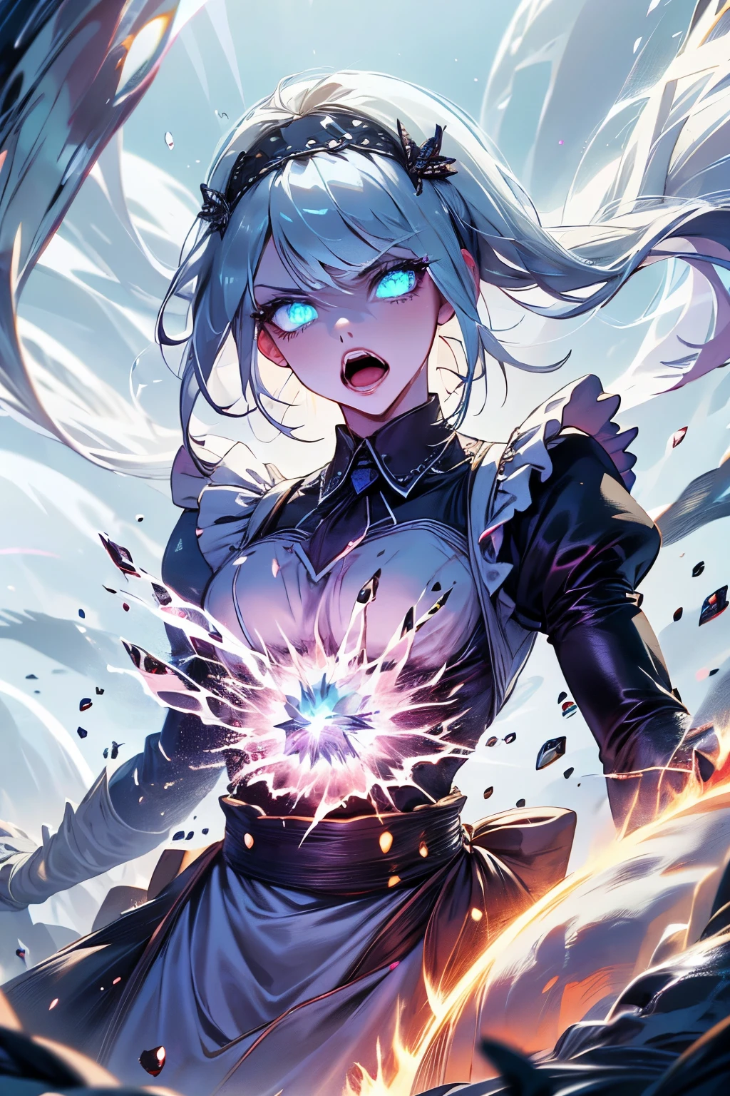(best quality,4k,high resolution,masterpiece:1.2),a maid is hit by fireball with scared face, covering her face by both hands, surrounded by fire, detailed eyes,beautiful detailed lips,extremely detailed blue eyes and face, long silver hair, long eyelashes, Europian noble face, fearful face, open mouth with scared, upper body portrait above the knees, tightly fitted outfit,black long-sleeved maid costume,wearing white apron, wearing long skirt.