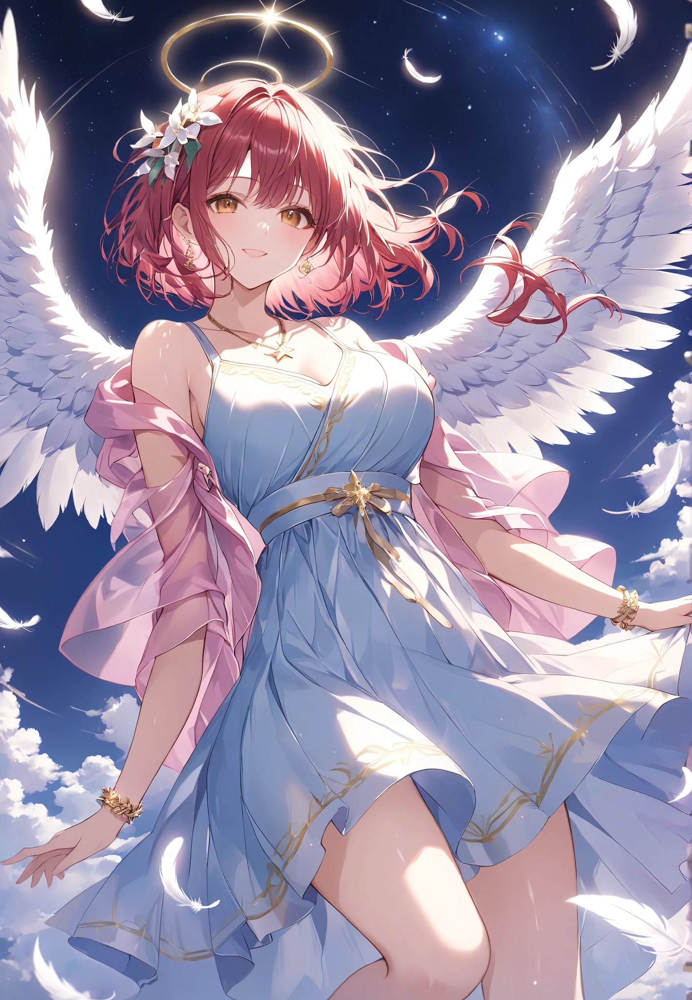 masterpiece, high quality , high resolution, 16k, Makifu Shinkai illustrations, Animated images , detailed background , super real , Digital Paint , Dark Fantasy,Astronomical Observation , angel girl with white feathers , I'm drunk holding a can of beer、(big breast:1.4)、 4 wings、 floating in the air , spread your arms like Christ, Glittering Costumes , shiny maroon hair、Apply a beautiful gradation to the tips of the hair、with short hair styled in a slightly wavy bob cut. Her hair has warm, golden highlights that catch the light delicately, brown eyes, long eyelashes , gyaru-style makeup. pastel pink shawl draped over her shoulders, exuding elegance and warmth. Her accessories include a subtle gold bracelet and a thin gold necklace, both of which glimmer softly. clean skin, Beautiful Legs, Light Shining from Behind , Sacred Expressions, Temple of God, Aura of Light, cinematic angle