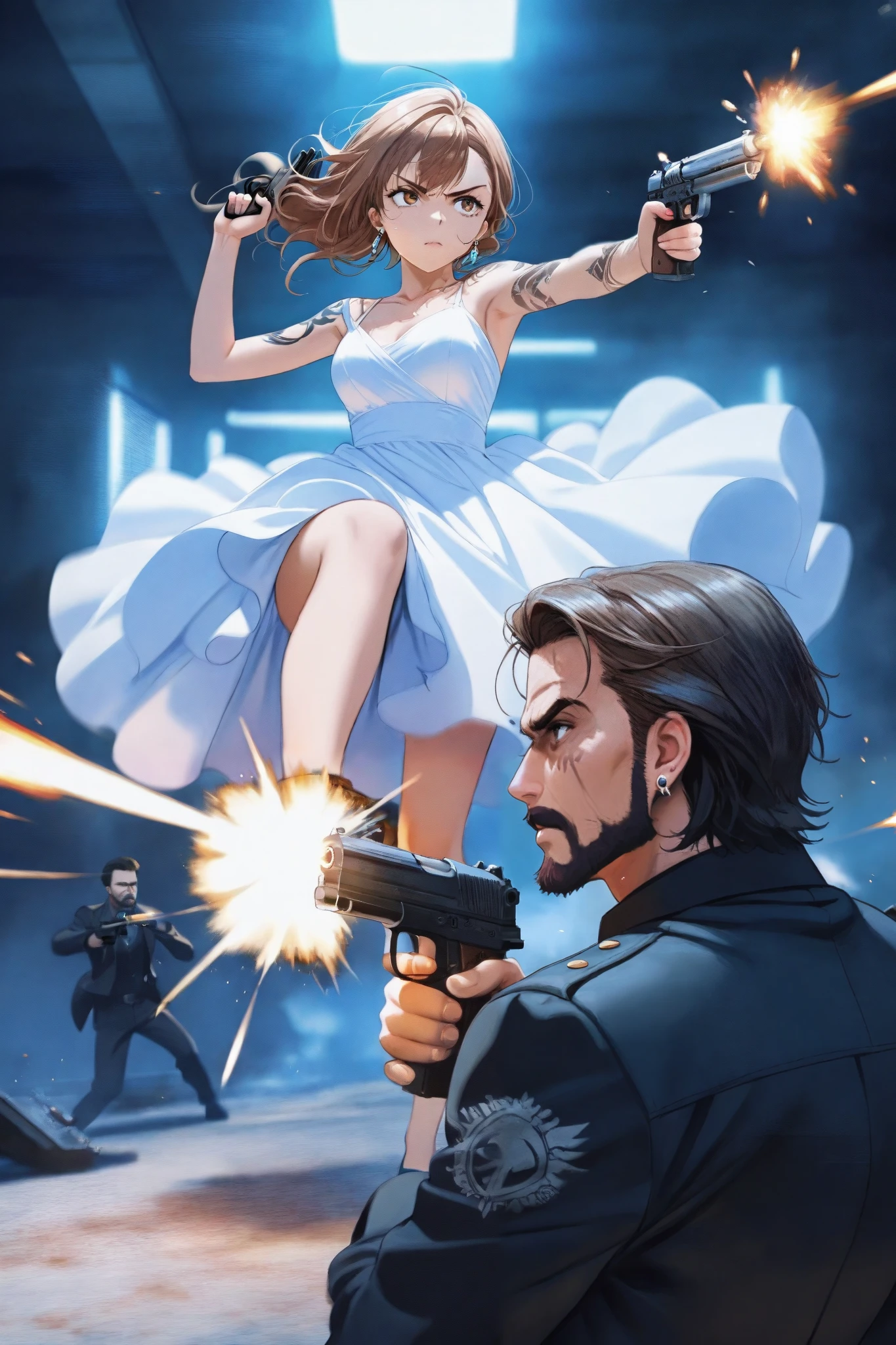 1girl, weapon, gun, 1boy, tattoo, earrings, jewelry, facial_hair, handgun, dress, firing, kicking