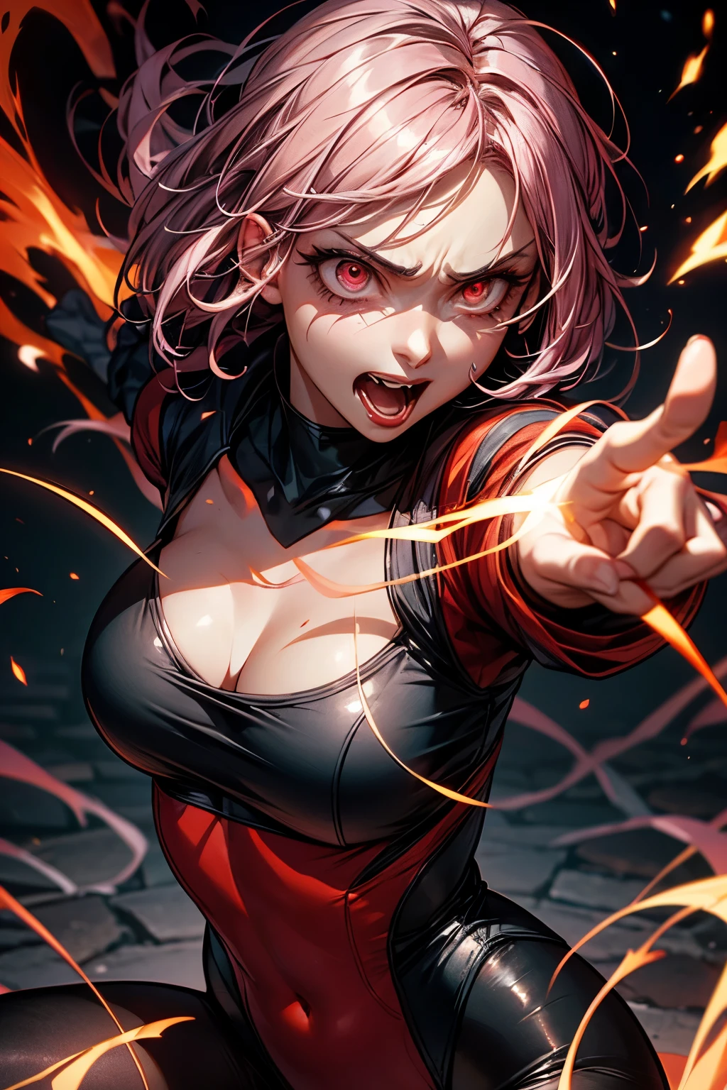 (highest quality:1.2), a 20-years-old girl attacks by a fire ball of psychic power, in fighting pose, perfect anatomy, unbelievable evil expression, surrounding red glowing, from front view, a photorealistic cute gymnast, heavily make-up face, open mouth to laugh with brutal rage, blank eyes with heavy dark eyshadow, dark blue shadowed eye, dark bloody-red lip with cruel anger, grinding in frustration, short-bob pink hair, upper body portrait above the knee, wearing tight fitting long sleeved black leotard, wearing white pantyhose.