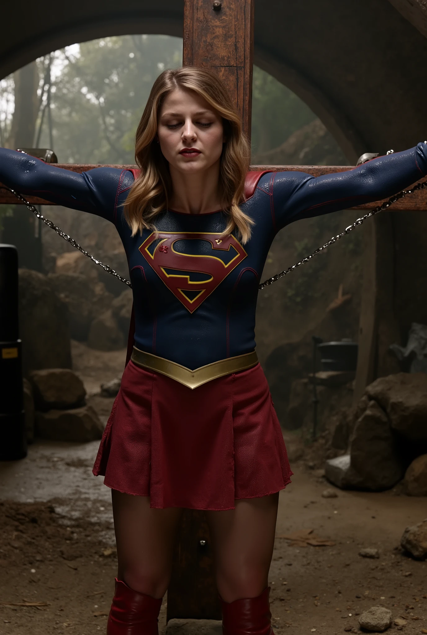 Melissa Benoist as Supergirl, the Supergirl is crucified attach the cross, her wrists are bounded to the cross by chain, she is unconscious, eyes close, She is wearing a Supergirl costume with red skirt, pantyhose and red knee height boots, her condition is tired, injury, tattered clothes, painful face, cum on her forehead, cum on her skirt, cum on her thighs, in the cave,