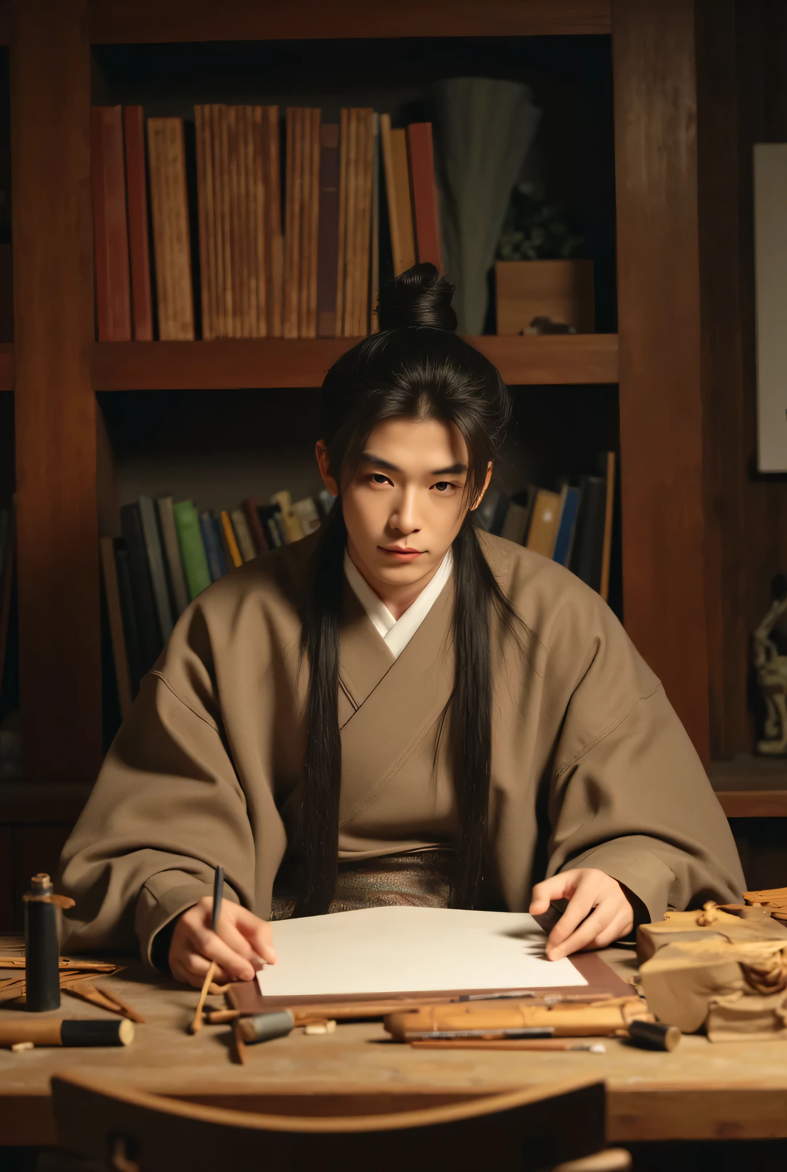 The autumn breeze is shimmering， blowing the bamboo leaves rustling outside the classical Chinese window。 and the dim light fluctuated on the desk ，Du Mu, dressed in a robe ，The face is solemn，Sitting in front of a quaint bookcase 。. There are several rolls of bamboo strips and thin old books scattered in a messy manner on the table，, and a white sheet of rice paper lay in the center。Ancient Chinese Study Room （Tang Dynasty youth carry brushes and wear Chinese costumes）（Man with long hair bundles turned into a single bun）（The background is a Chinese bookshelf）