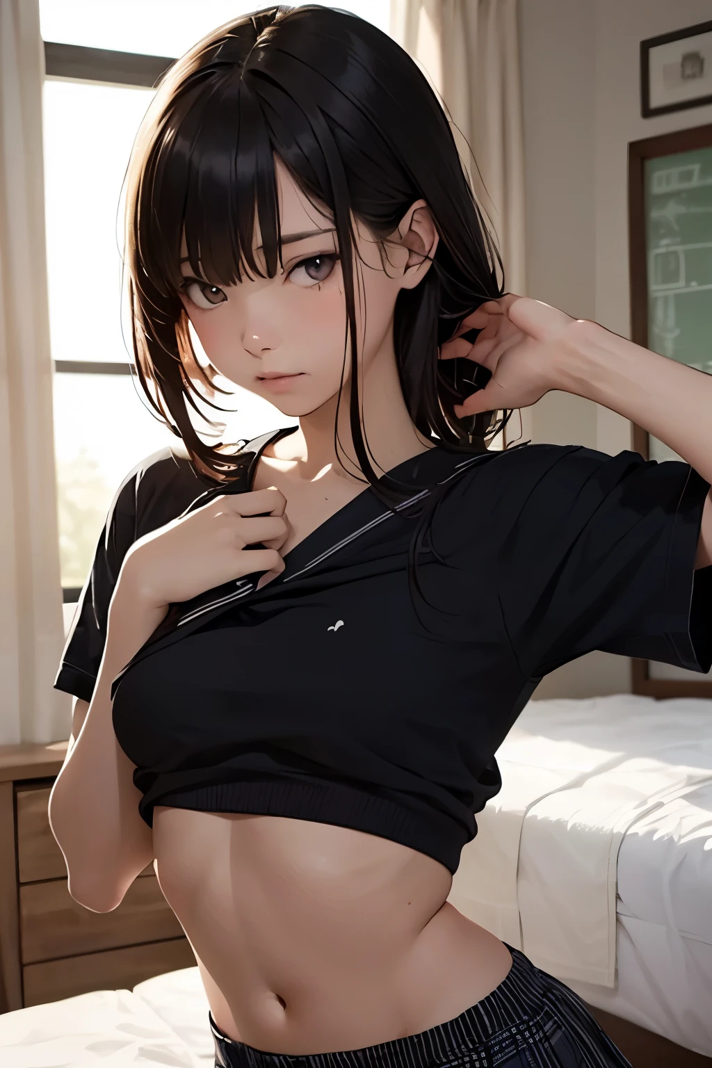 (masterpiece,Highest quality:1.3,best quality illustration),realistic,cowboy shot,1woman,30 year old Japanese beauty,((very small head:1.4)),short bob hair,brown hair,bangs,brown eyes,gorgeous eyes,shy,Heavy breathing,((Dark blue blazer jacket、White Shirt、Blue tie、Navy blue mini skirt、black thighhighs)),navy uniform,small breasts,((very long body:1.4,tan skin:1.3)),(toned body,slender body,skinny),gleaming skin,shiny skin,sweat:1.2,standing,sitting,Simple bedroom、Simple bed、