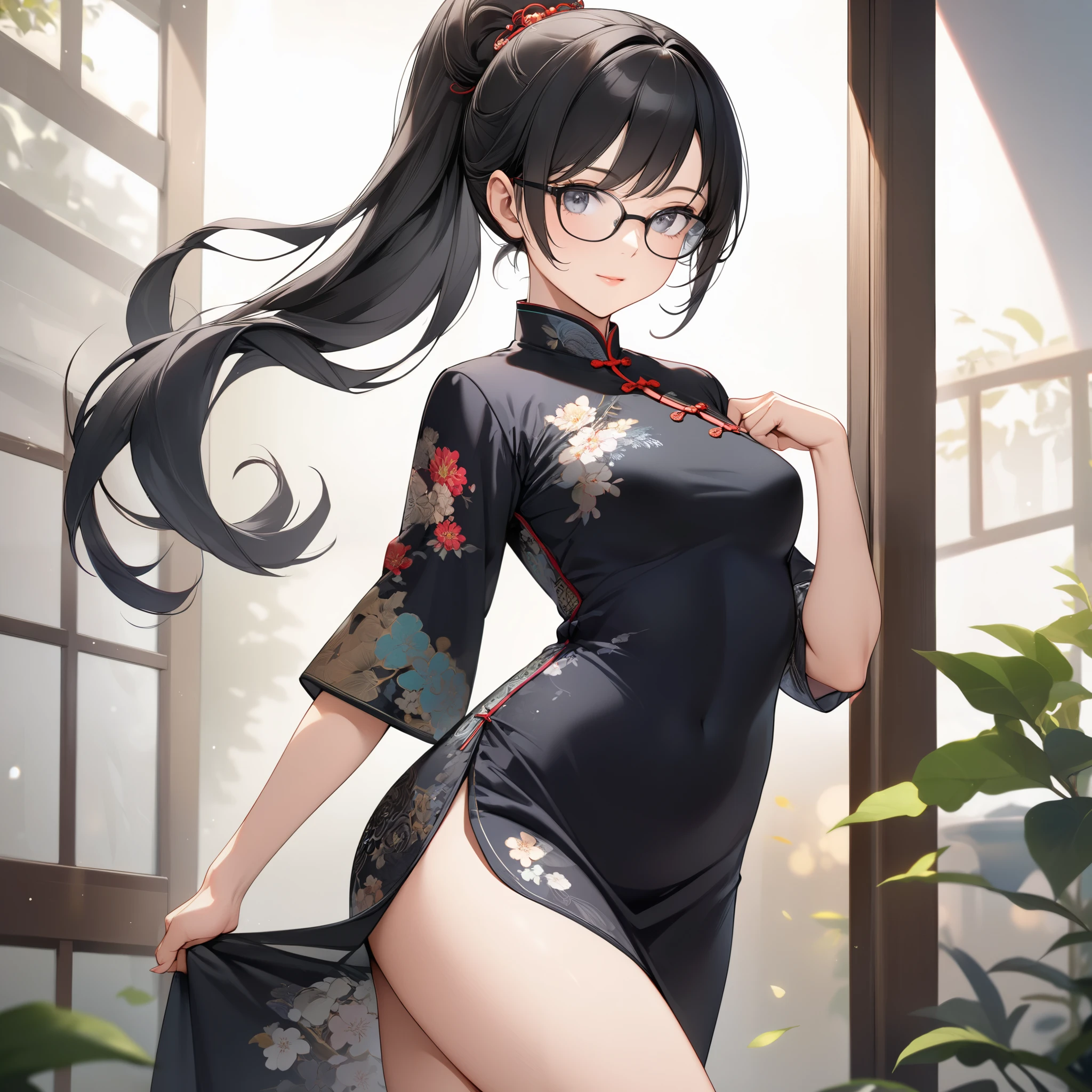 ((komi shouko)), 1girl, adjusting eyewear, alternate costume, bangs, black hair, black pantyhose, blue dress, breasts, china dress, chinese clothes, cleavage, cleavage cutout, clothing cutout, dress, ebi 0217, feather boa, floral print, glasses, grey background, hair bun, highres, komi-san wa komyushou desu, long hair, looking at viewer, medium breasts, pantyhose, parted lips, pelvic curtain, print dress, purple eyes, short sleeves, simple background, solo, swept bangs, twitter username, upper body, yellow-framed eyewear,